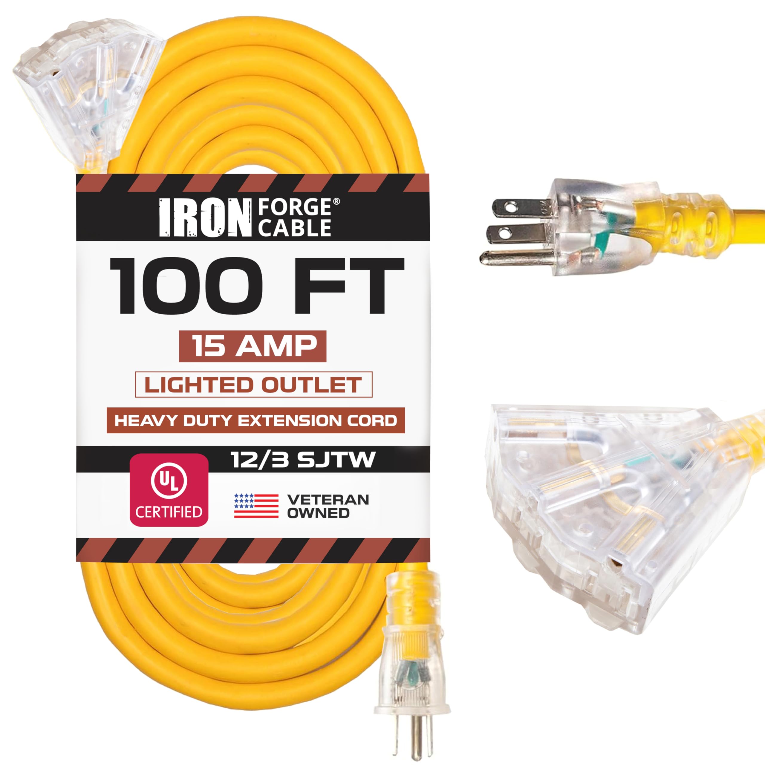 Iron Forge Cable 100ft Outdoor Extension Cord, Lighted with 3 Electrical Power Outlets - 12/3 Gauge SJTW Heavy Duty Extension Cable, Yellow, 15 AMP - 3 Pronged with Grounded Plug for Improved Safety