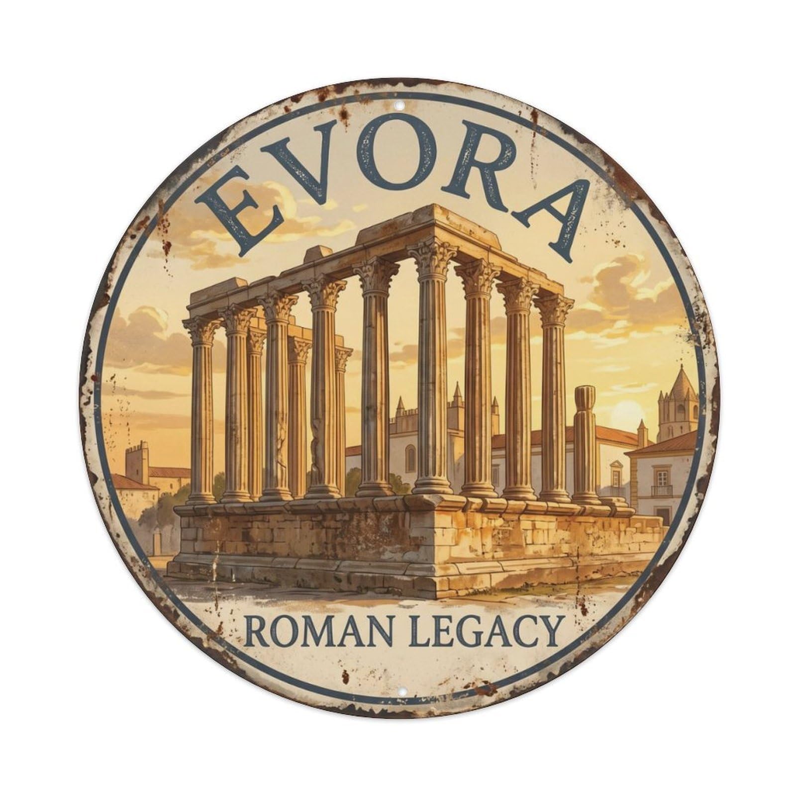 Vintage Travel Roman Portugal Evora Metal Tin Sign Plaque Wall Decor for Cafe, Club, Garden Round Metal Poster 8x8Inch