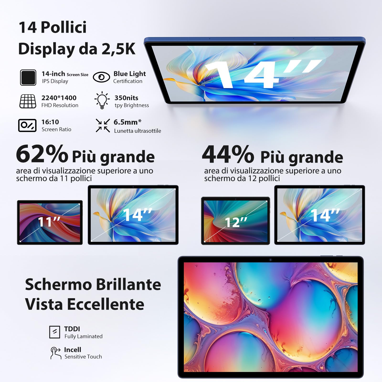 MAXLEGEN A Tablet 14 Pollici, Display 2,5K Incell, 36GB RAM+256GB ROM/TF 1TB, 4G LTE+5G WiFi, Android 15, Octa Core 2.0Ghz/4 Altoparlanti/11580 mAh/BT5.0/GMS/GPS, Tablet con Pen/Custodia/Auricolare