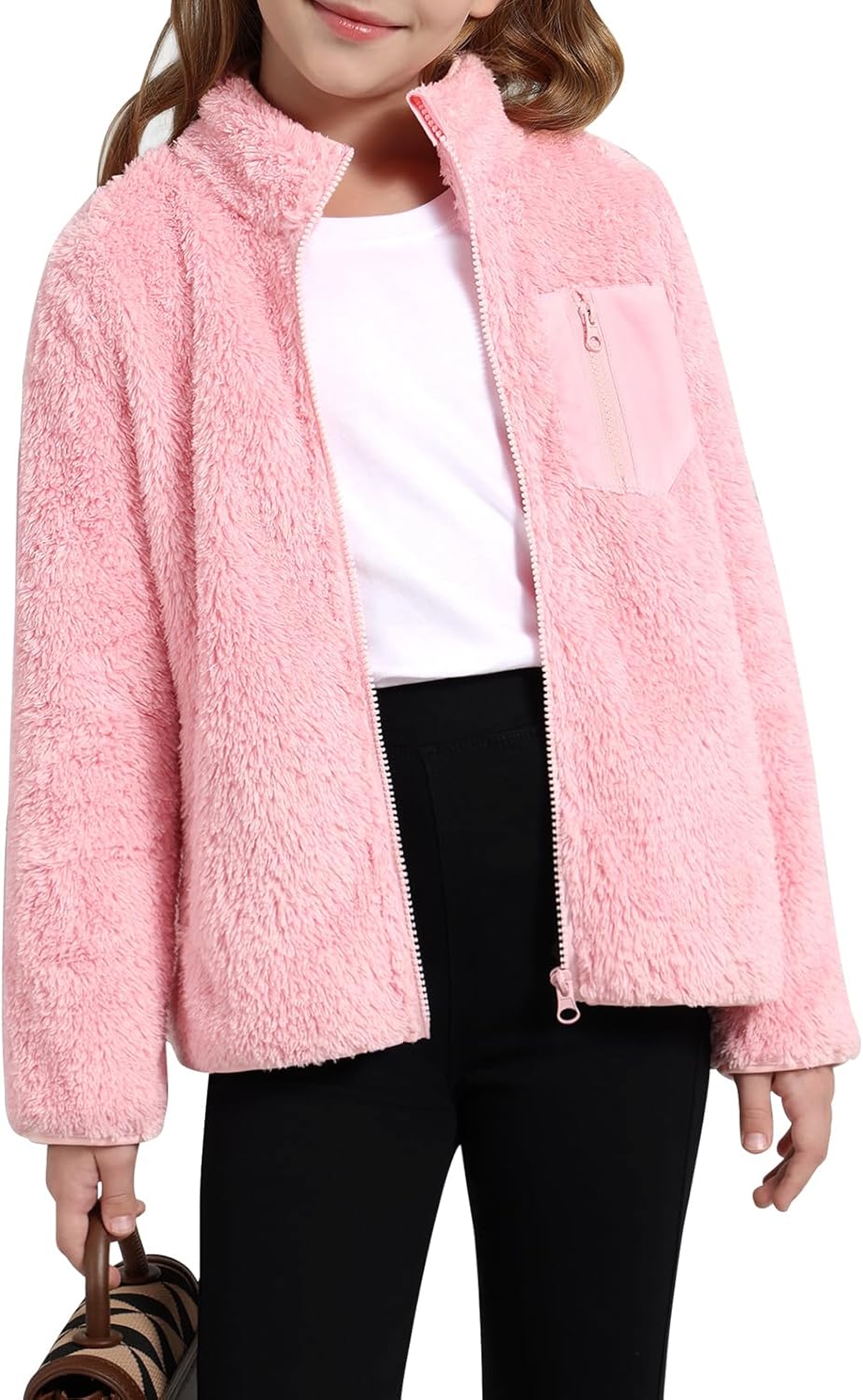 Patgoal Girls Fleece Jacket Zip Up Outerwear Warm Fuzzy Fall Winter Coat with Pocket for Kid Ages 5-14