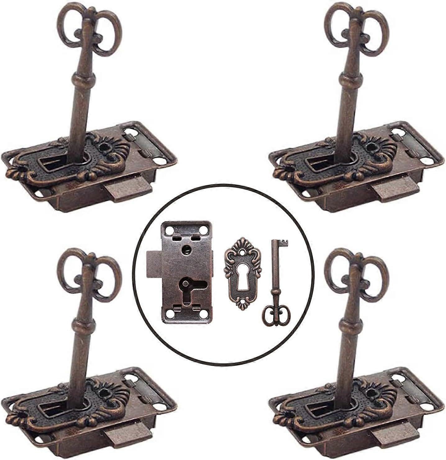 Joyhappst Image Color 4 Pieces Antique Lock And Key Classic Vintage Cupboard Door Lock Decorative Furniture Lock For Mailboxes, Lockers, Cabinets, Toolboxes (Red Bronze)