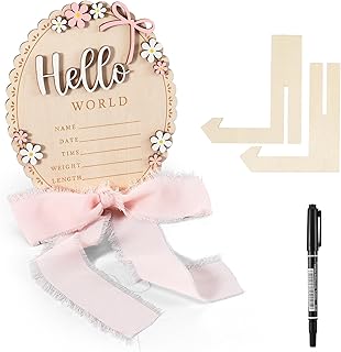 Baby Announcement Sign, Wooden Hello World Newborn Welcome Sign, Bow Birth Stats Signs Newborn Photo Prop, Monthly Milestone Wood Discs(Ribbon)