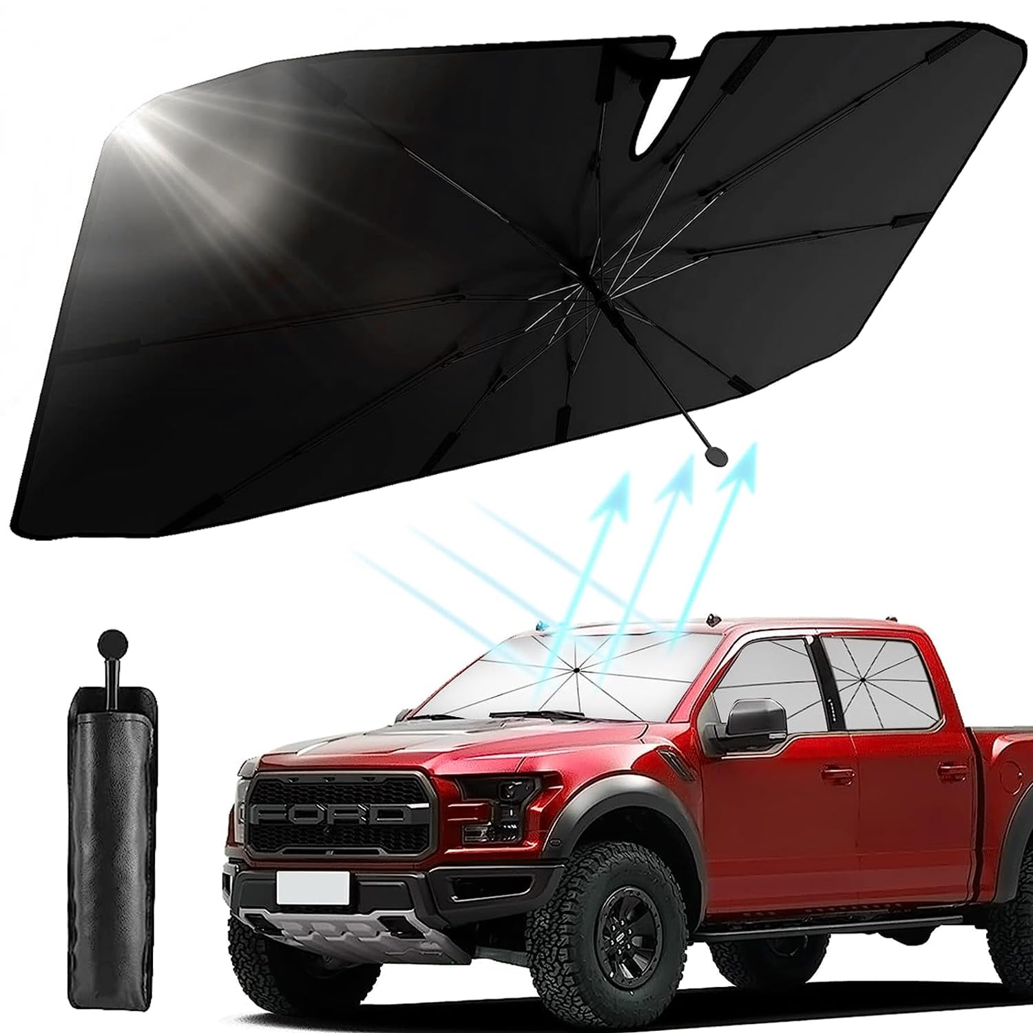 Txeouse Parasol Coche Delantero,2024 Mejorado Paraguas Parasol Coche,Eje Giratorio de 360°,Protección UV,Parasol y Aislamiento Térmico,Plegable,Se Adapta a la Mayoría de los Coches y SUV (145 X 85 cm)