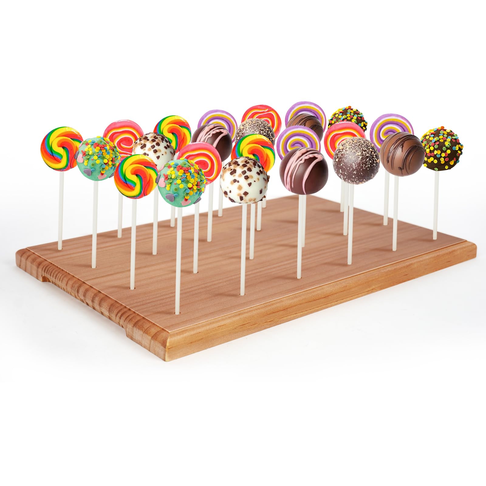 Photo 1 of Wooden Cake Pop Stand for Drying, 24 Holes Cake Pop Display Stand with Sticks and Treat Bags, Wood Lollipop Holder for Party Anniversaries Holiday (Walnut, Only Stand)