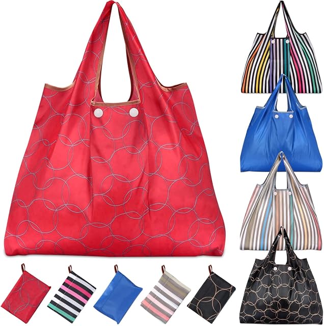 KINGMAS 5 Pack Reusable Grocery Bags, Eco-Friendly Folding Tote Shopping Bag fits in Pocket, Washable Waterproof Nylon Holds Heavy Groceries Pouch Bags