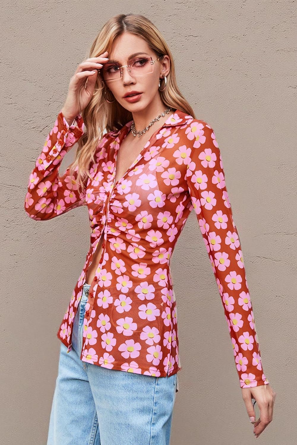 Women's Button Down Floral Shirts 2026 Summer Long Sleeve V Neck Sheer Mesh Tops Boho Blouse Date Outfits - Image 6