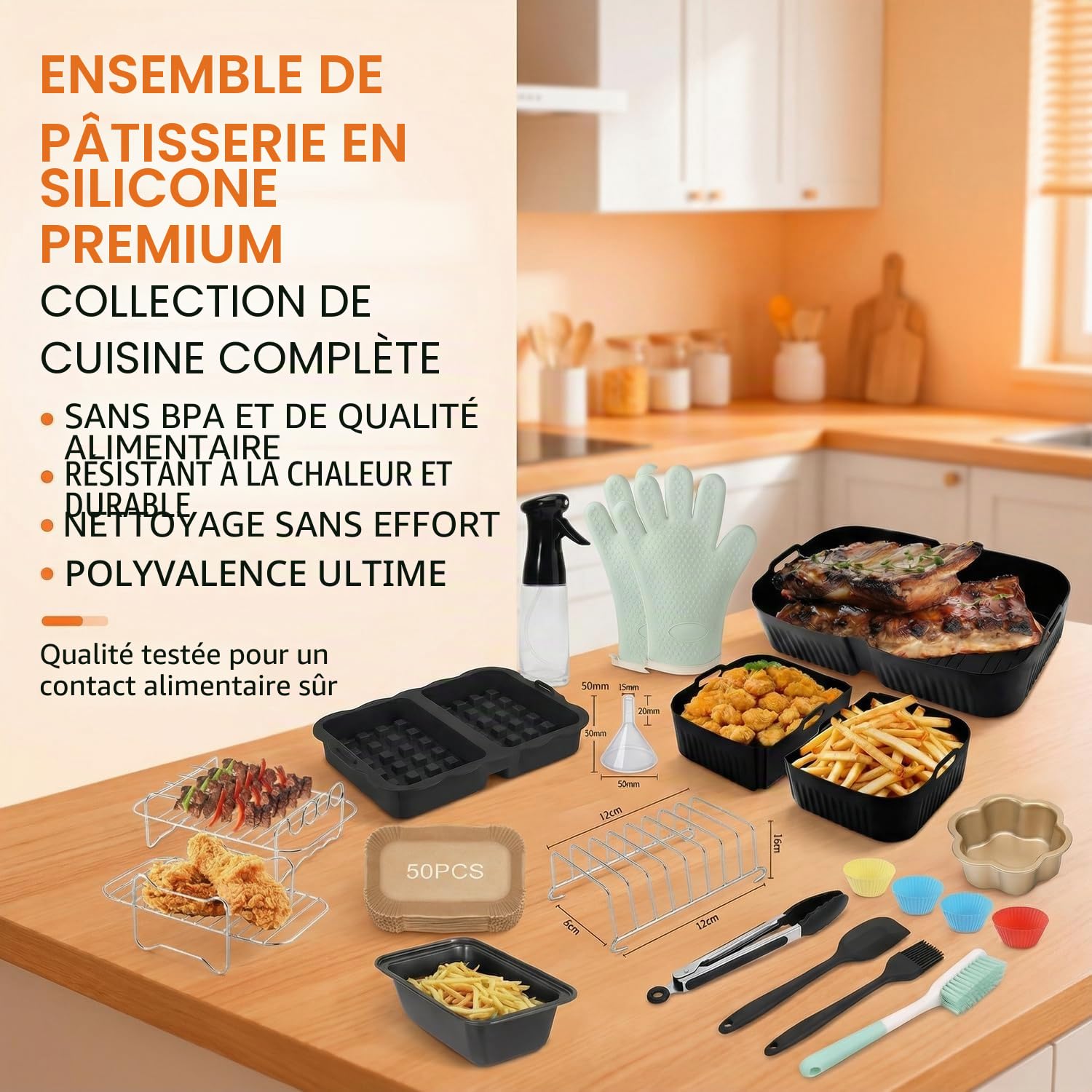 Accessoires pour Air Fryer Ninja - Set de 29 Moules en Silicone Réutilisable Compatible Foodi FlexDrawer 10.4L (AF500EU) et Cosori 10L - Plats, Grilles pour Friteuse sans Huile