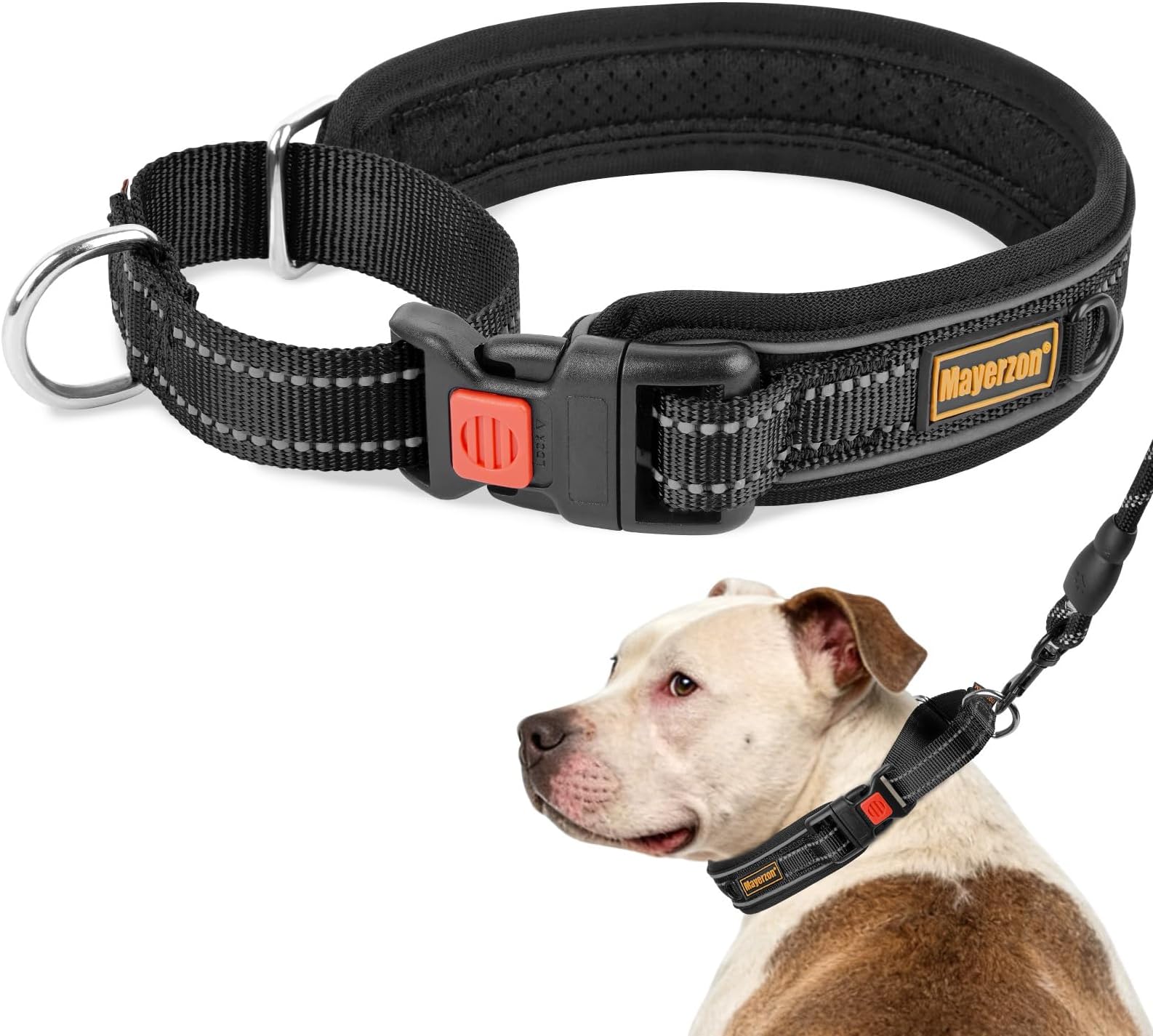 Mayerzon Martingale Collar for Medium Large Dogs, No Pull Dog Collar with Buckle, Soft Padded Reflective Martingale Dog Collar for Training Walking Outdoor(Black, M)