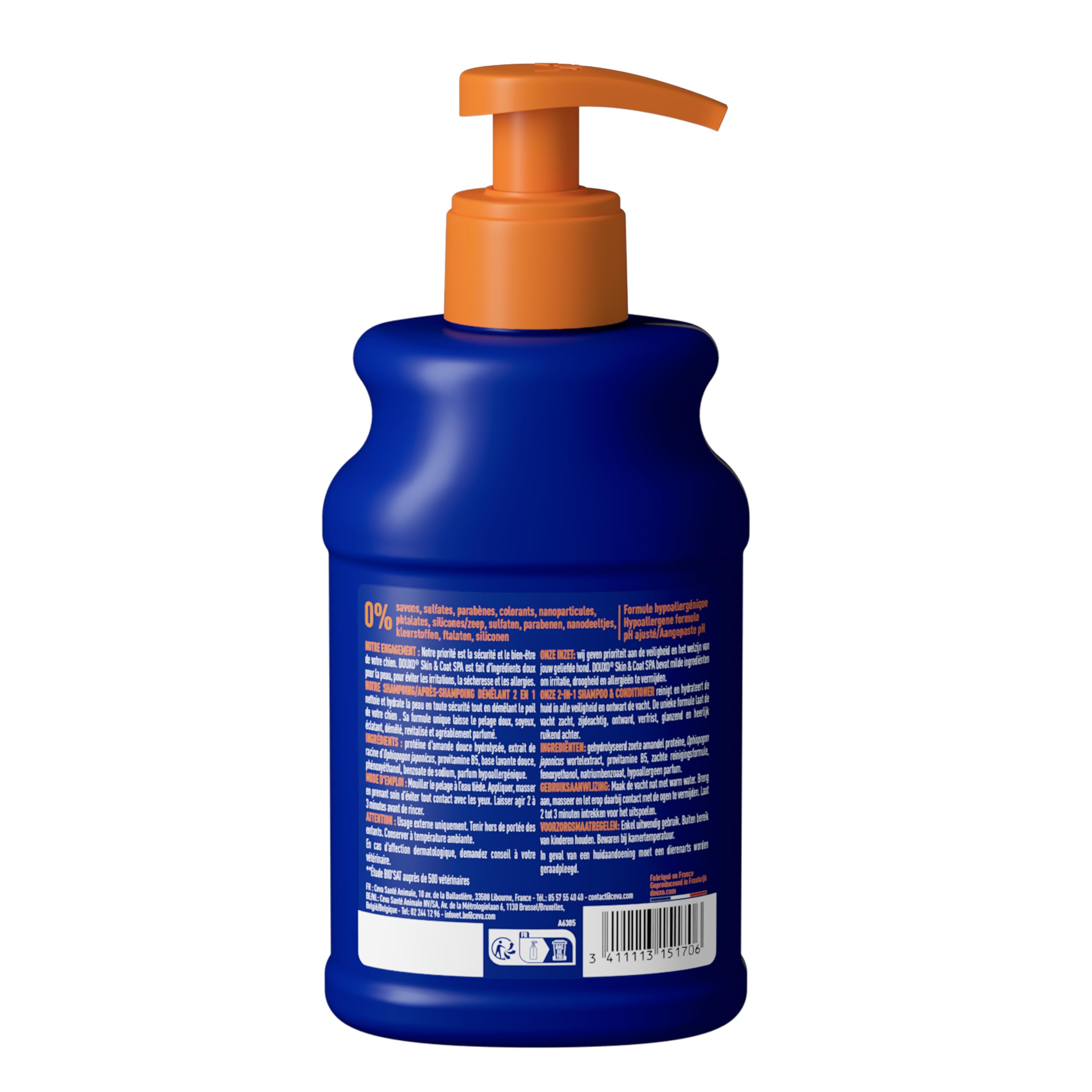 DOUXO Skin & Coat Spa - Ultra-Safe Shampoing 2 en 1 démêlant pour Chiens, 250 ML, nettoie et Hydrate en Profondeur la Peau et Le Poil, Laisse Le Pelage Doux, Soyeux et démêlé, respecte la Peau.