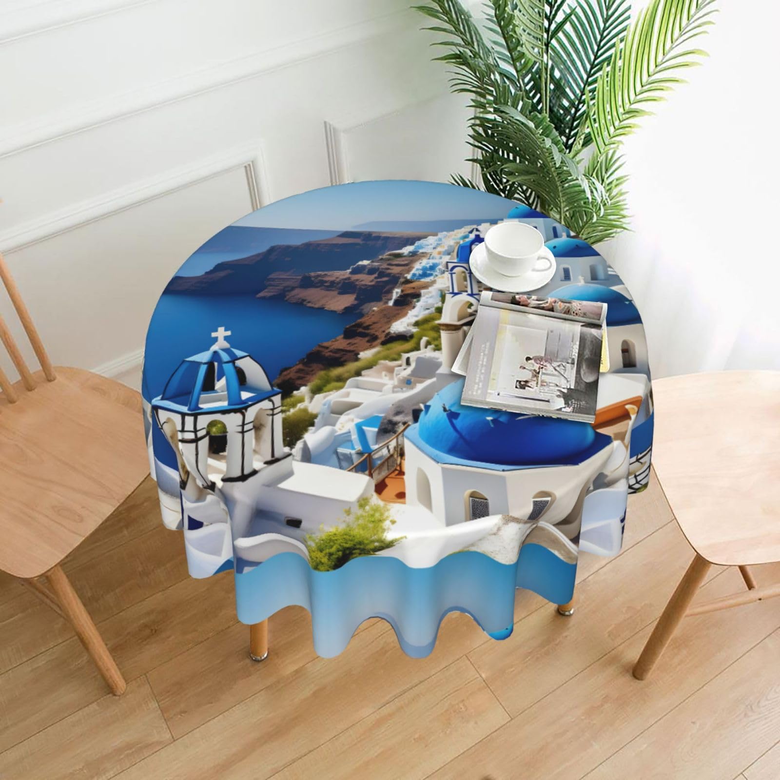 Nbtghga Greek Island Sea View Print Tablecloth Round Border Table Cloth Cover Decorative For Party Holiday Dinning Tabletop Home