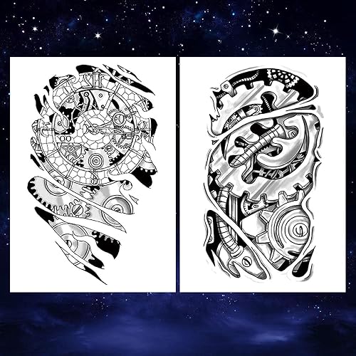 Miniatura 9 de 6 hojas temporales tatuaje pegatinas músculo hombres negro 3D mecánico metal brazo hueco engranaje hombro pierna