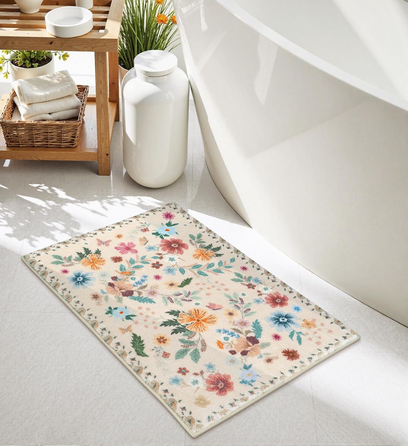 Uphome Bath Rugs for Bathroom, Neutral Beige Bathroom Rugs, Boho Floral Non-Slip Bath Mat, Ultra-Soft Machine Washable Modern Shower Rug for Toilet Sink Tub, 18x26 inch