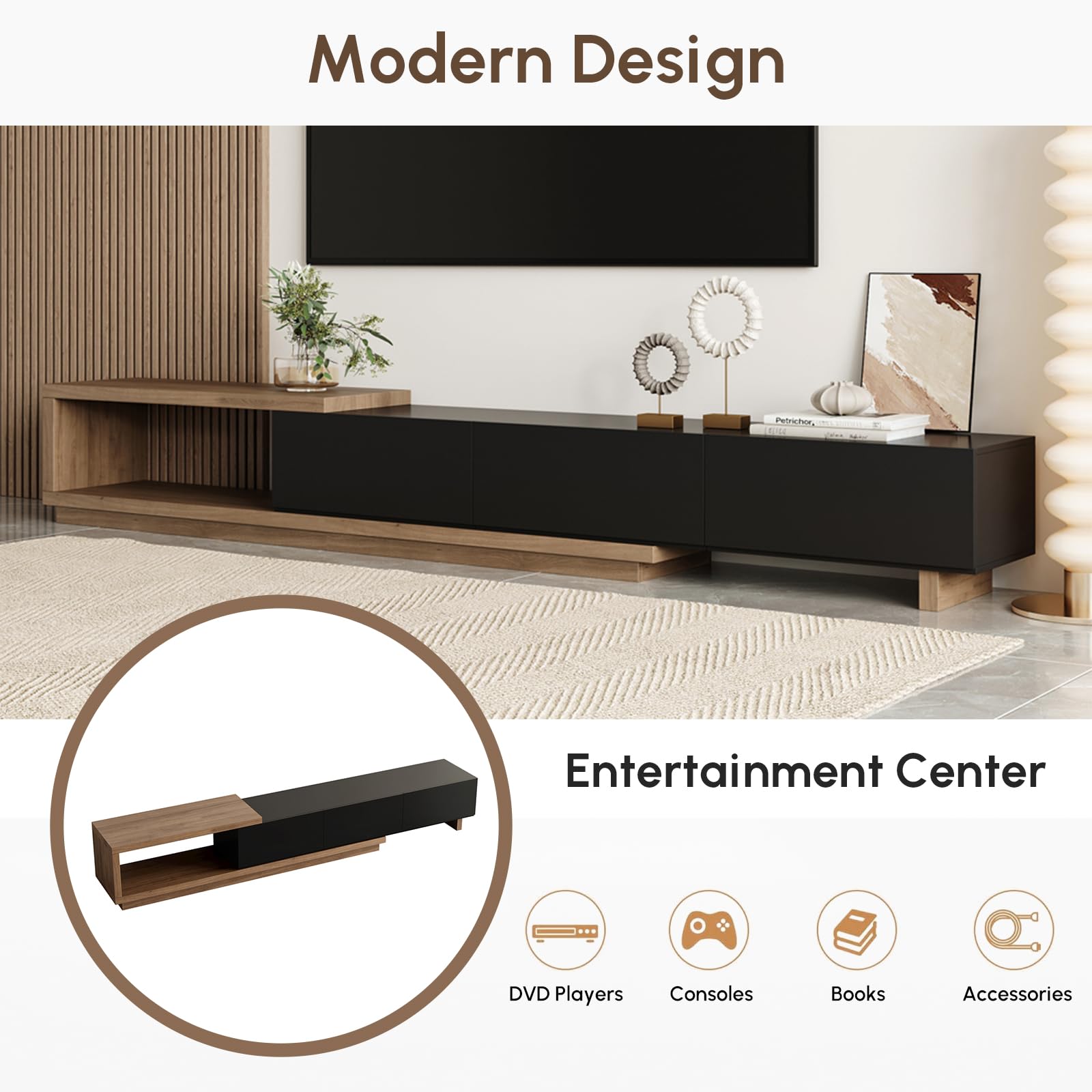 Homary Meuble TV Extensible 180-255 cm, Console Multimédia avec 3 Tiroirs