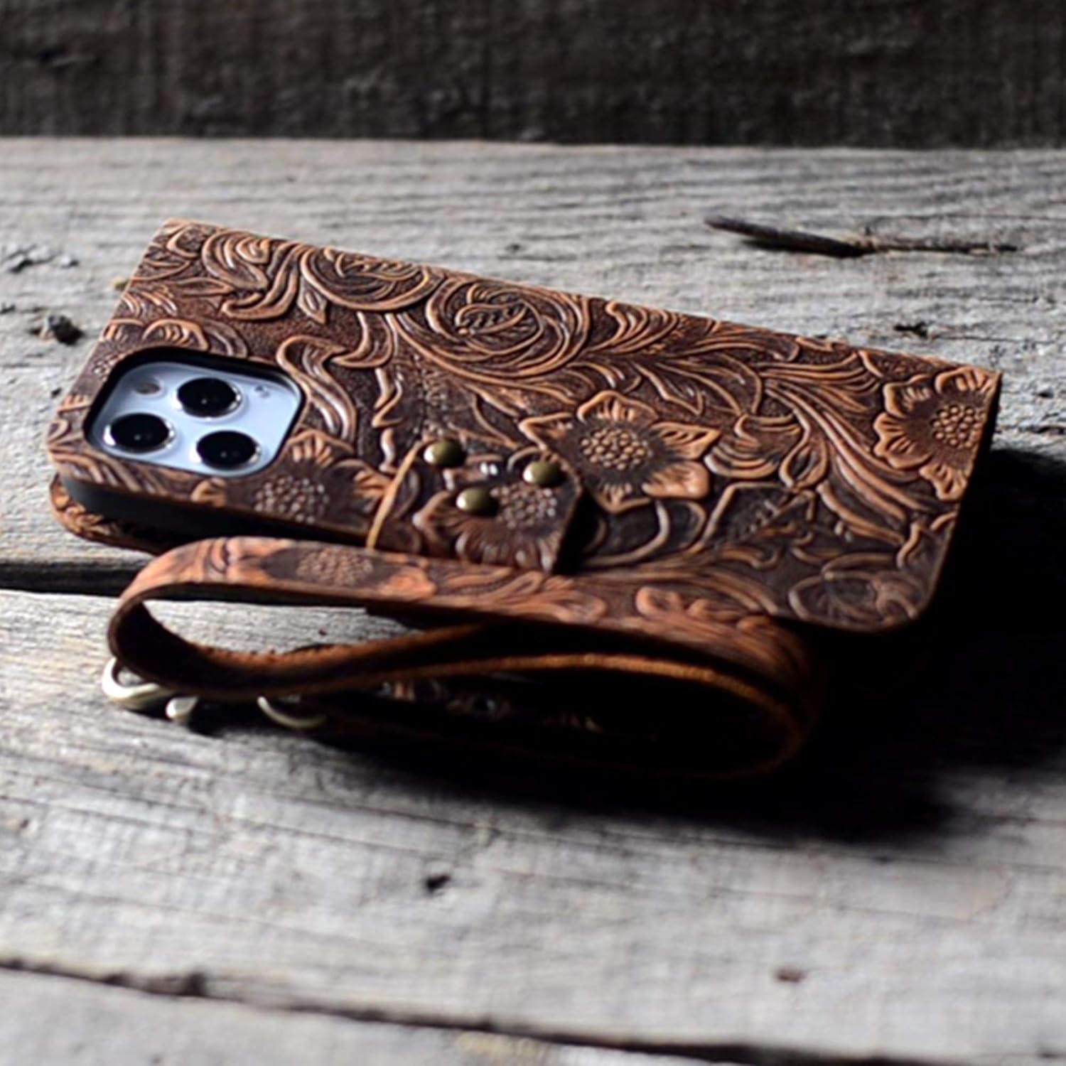 JJNUSA Compatible with iPhone 12/12 Pro 6.1 inches Handmade Genuine Distressed Leather Wallet Case Flip Cover with Wristlet Brown