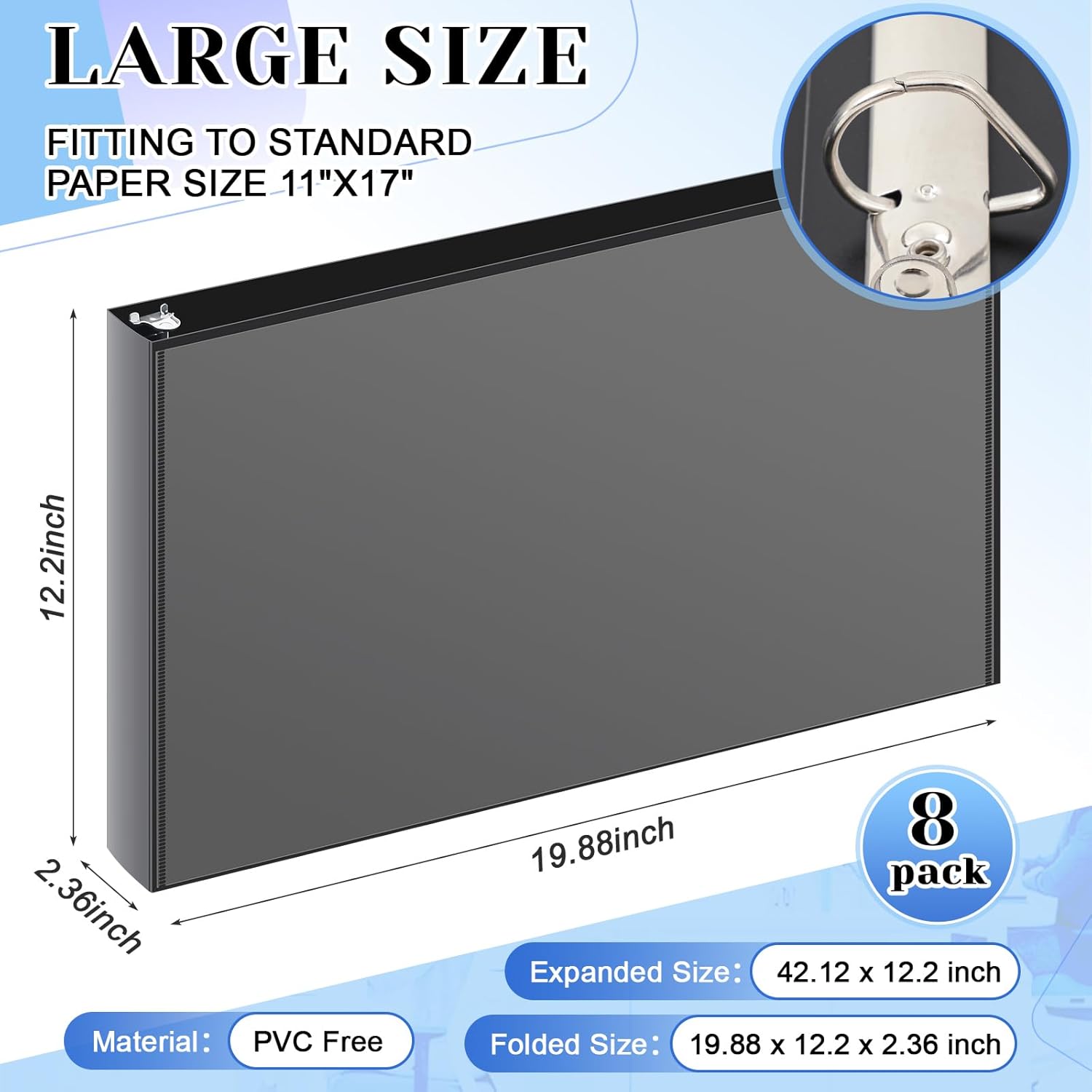 8 Pcs 11 x 17 Inches View Binders 2 Inch 3 Rings Heavy Duty View D Ring Binders Economy Holds 11" x 17" Paper for Artwork Blueprints, Office, Home, Work Places (Black) 2 Inch Black 8