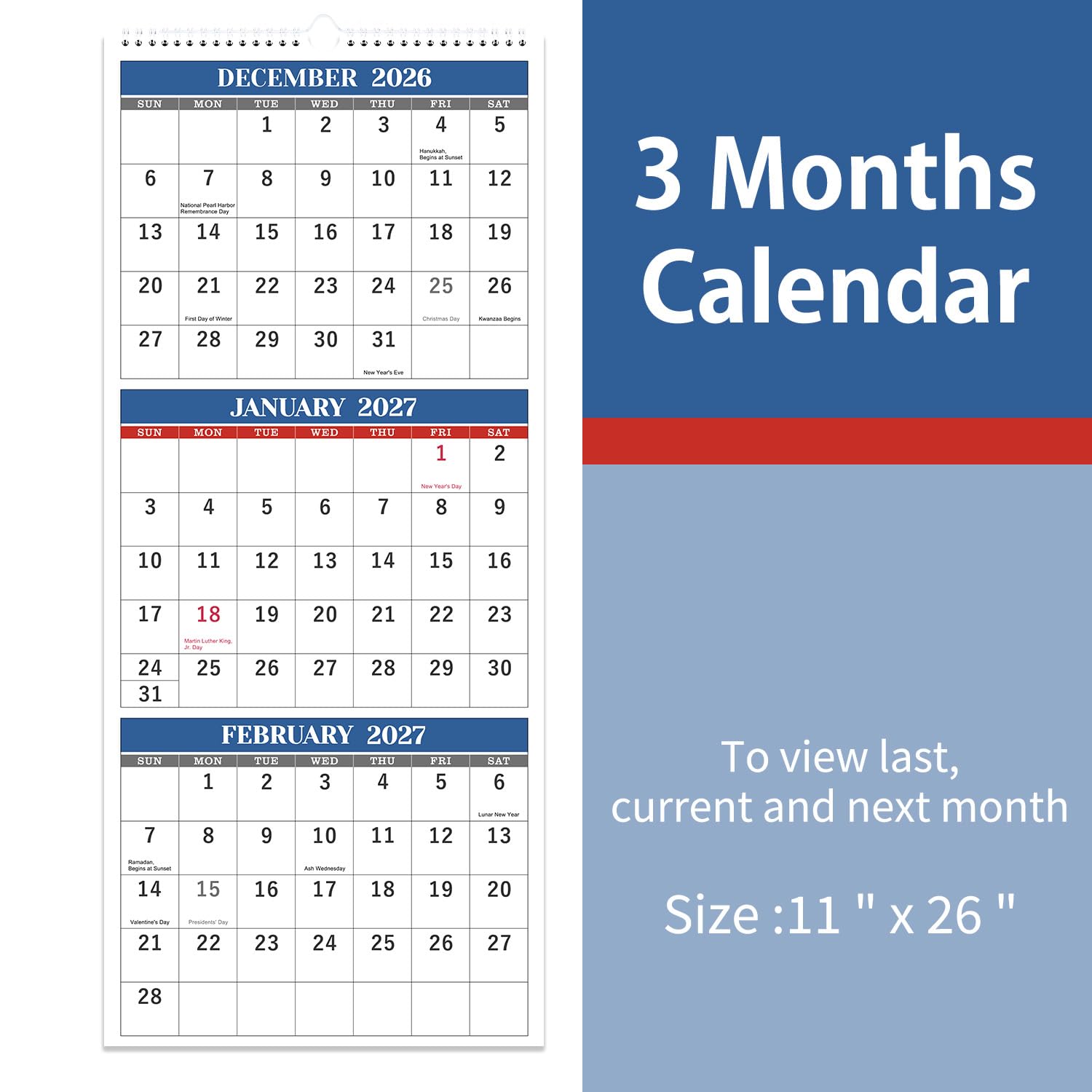 Wandkalender 2025 - 3-Monats-Wandkalender Vertikal 2025 (gefaltet in einem Monat), Dez.2024 - Jan.2026, 27.9 cmx 66.0 cm, Wandkalender 2025, 3-Monats-Anzeigekalender mit dickem Papier, perforierte