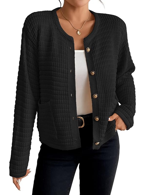 Bsubseach Cardigan Sweaters for Womens Long Sleeve Open Front Button Down Knit Jackets Fall Cardigans with Pockets Black