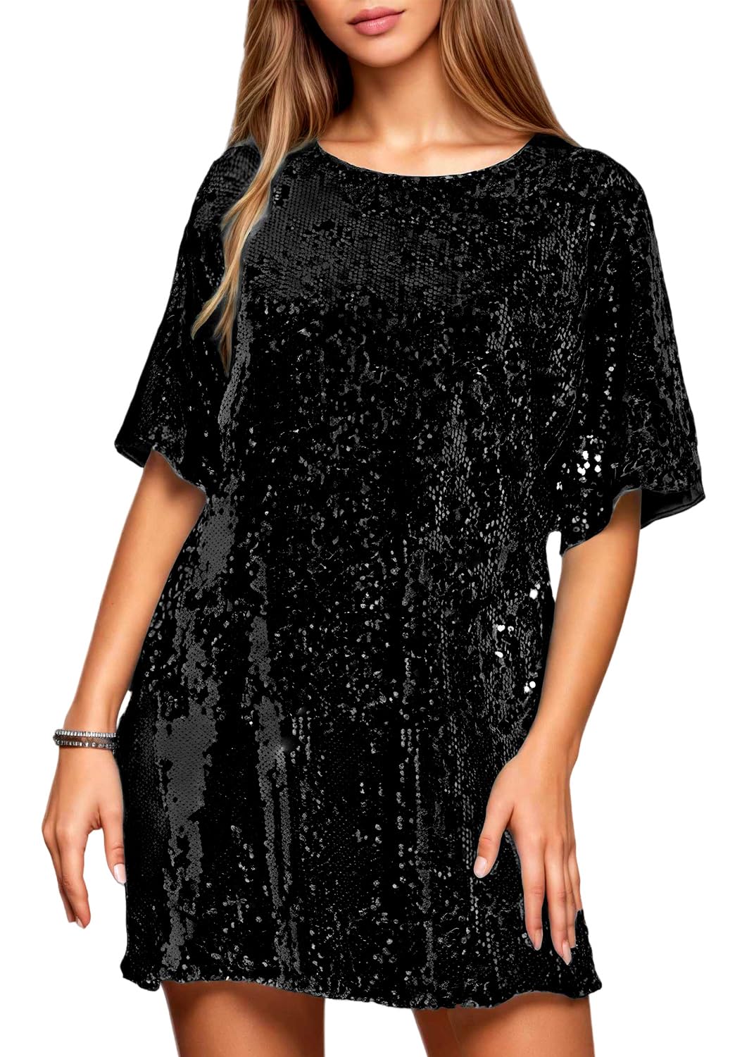 YISENRIY Women's Crew Neck Sequin Dress for Women Sexy V Neck Shirt Dress Sparkly Half Sleeve Loose Party Club Cocktail Dress