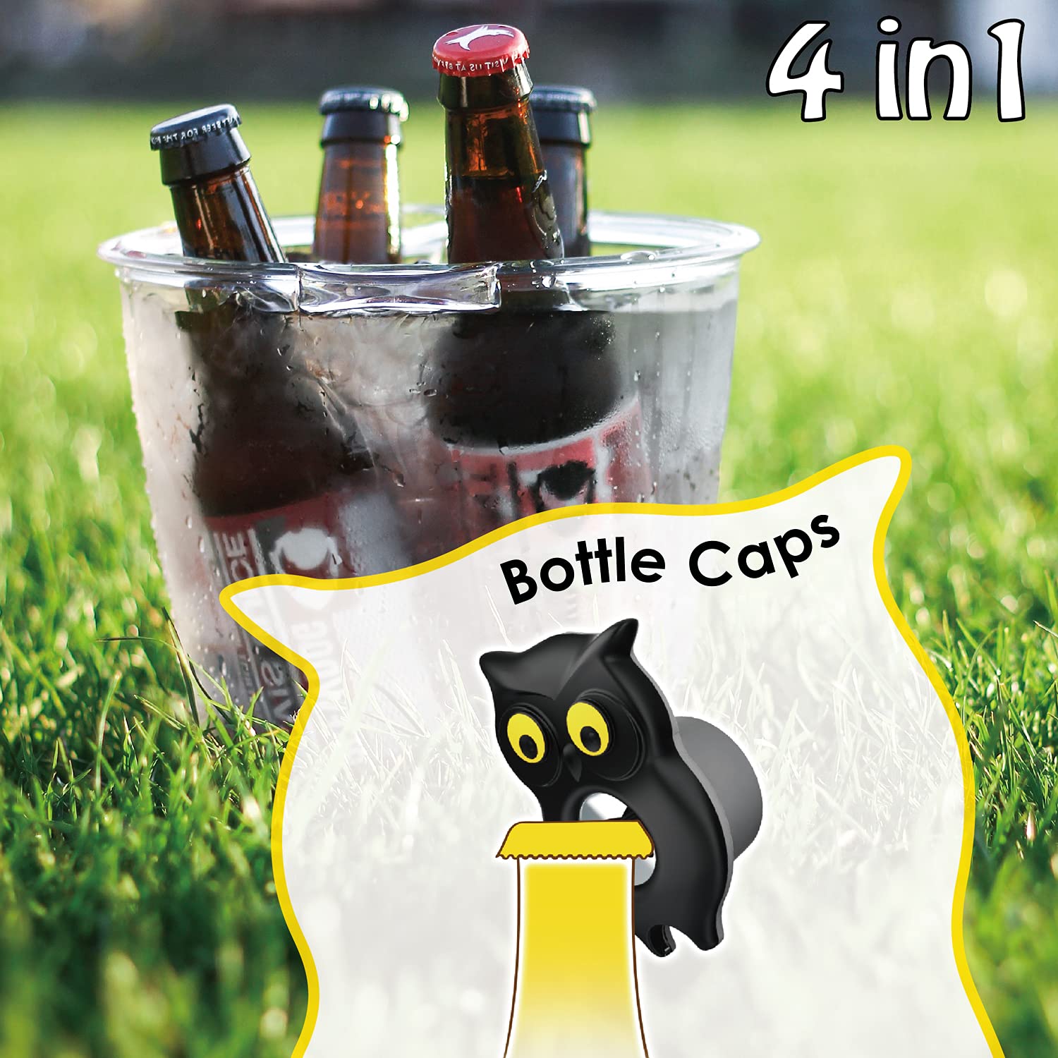 Abrebotellas múltiple para tapas giratorias, 4 en 1, bonito y divertido abridor de botellas de agua de búho para niños, abrebotellas de cerveza, abrelatas de refrescos, abridor manual de tarros para