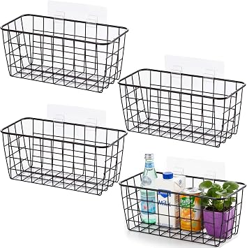 Hanging Kitchen Baskets Adhesive Sturdy Wire Storage Baskets with Kitchen Food Pantry Bathroom Shelf Storage No Drilling Wall Mounted,Black,4 Pack