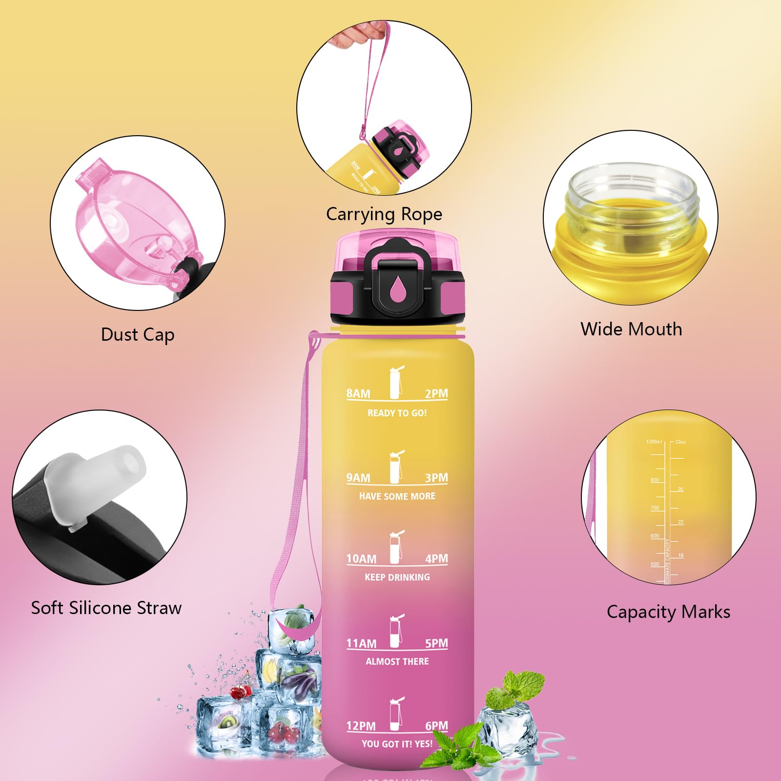 Botella Agua Gimnasio, A Prueba de Fugas Botella Agua 1 litro, Diseño de Cerradura, Cantimplora con Pajita, Cantimplora con Marcador de Tiempo para Colegio, Hogar, Exterior - 3