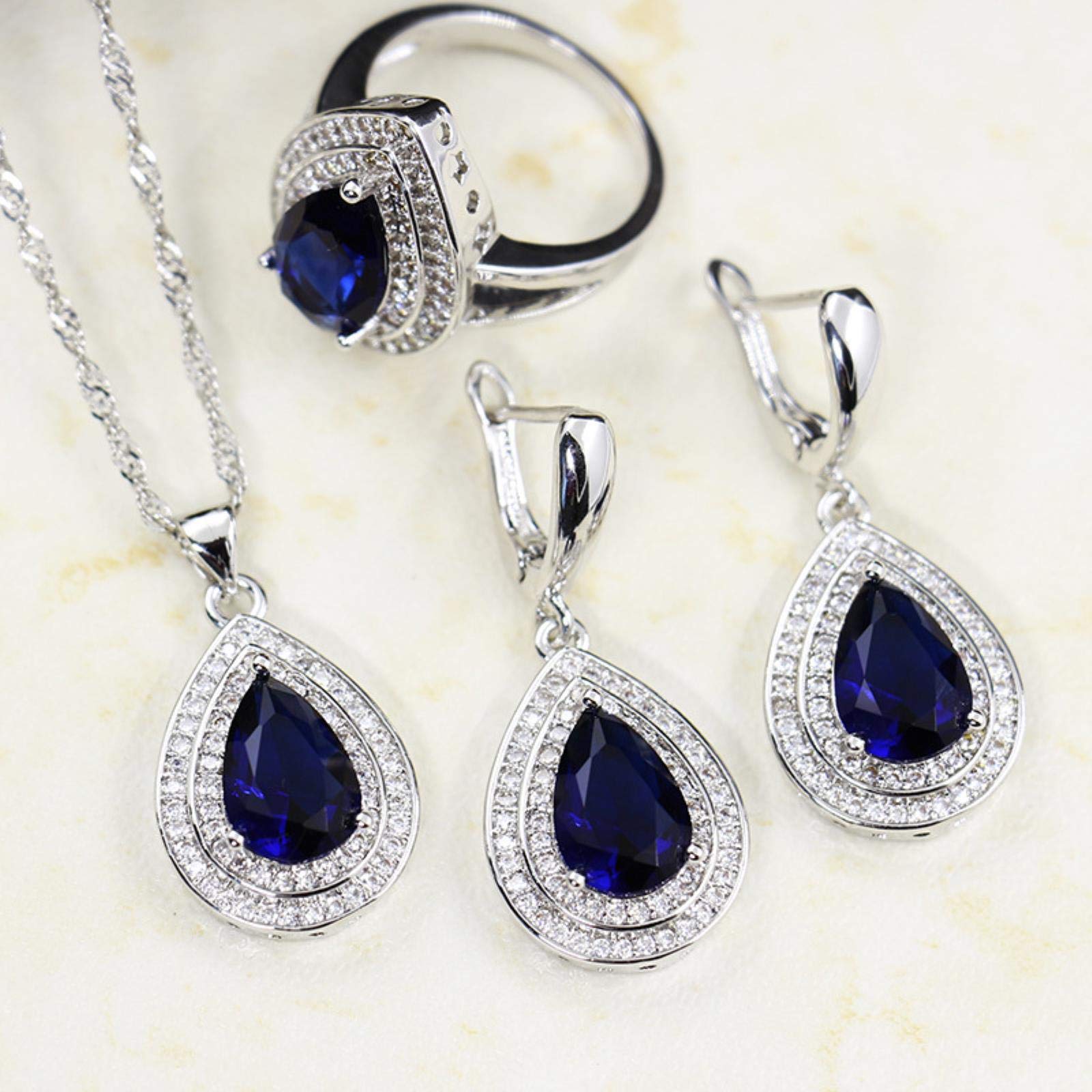 Conjunto de Joyas de Plata 925, Gota de Agua, Zafiro, Piedras Preciosas, Anillo de circón, Pendientes, Collar, Pulsera para Boda Femenina, 4SET, 6