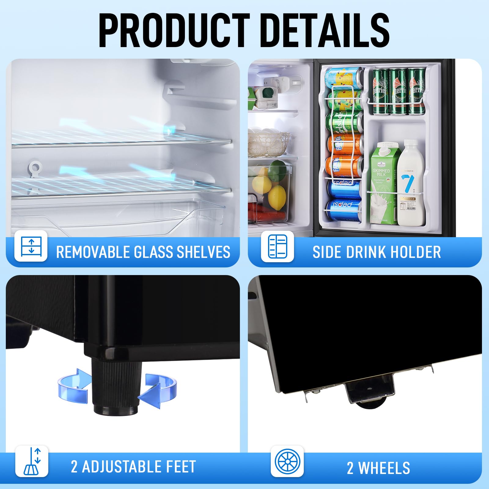WANAI 3.5 Cu.Ft 2 Door Mini Fridge With Freezer Freestadning Small Refrigerator Features 7 Gear Mechanical Control, Side Bottle Rack, 2 Glass Removable Shelves, Crisper Drawer Black on Fridge.com - View 6