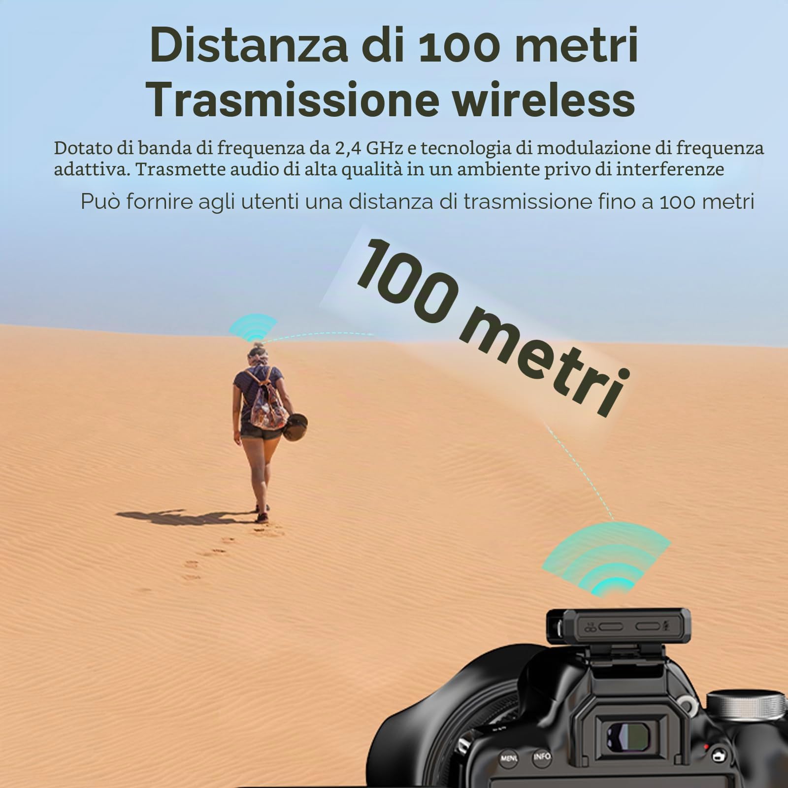 7artisans Microfono lavalier wireless a lunga distanza 100m, 20h batteria, riduzione rumore, colonna sonora sicura, compatibile