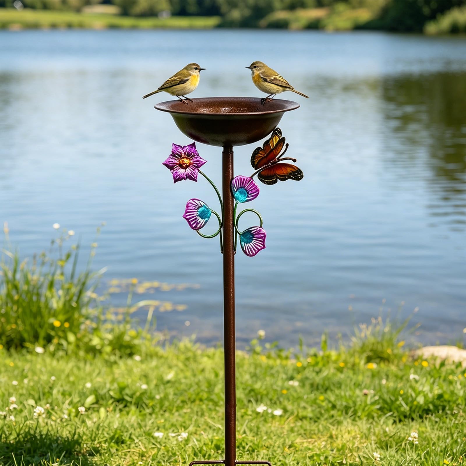 Bebedero para pájaros y comedero de hierro con estaca para decoración de jardín y aves silvestres, bebedero independiente para pájaros de hierro