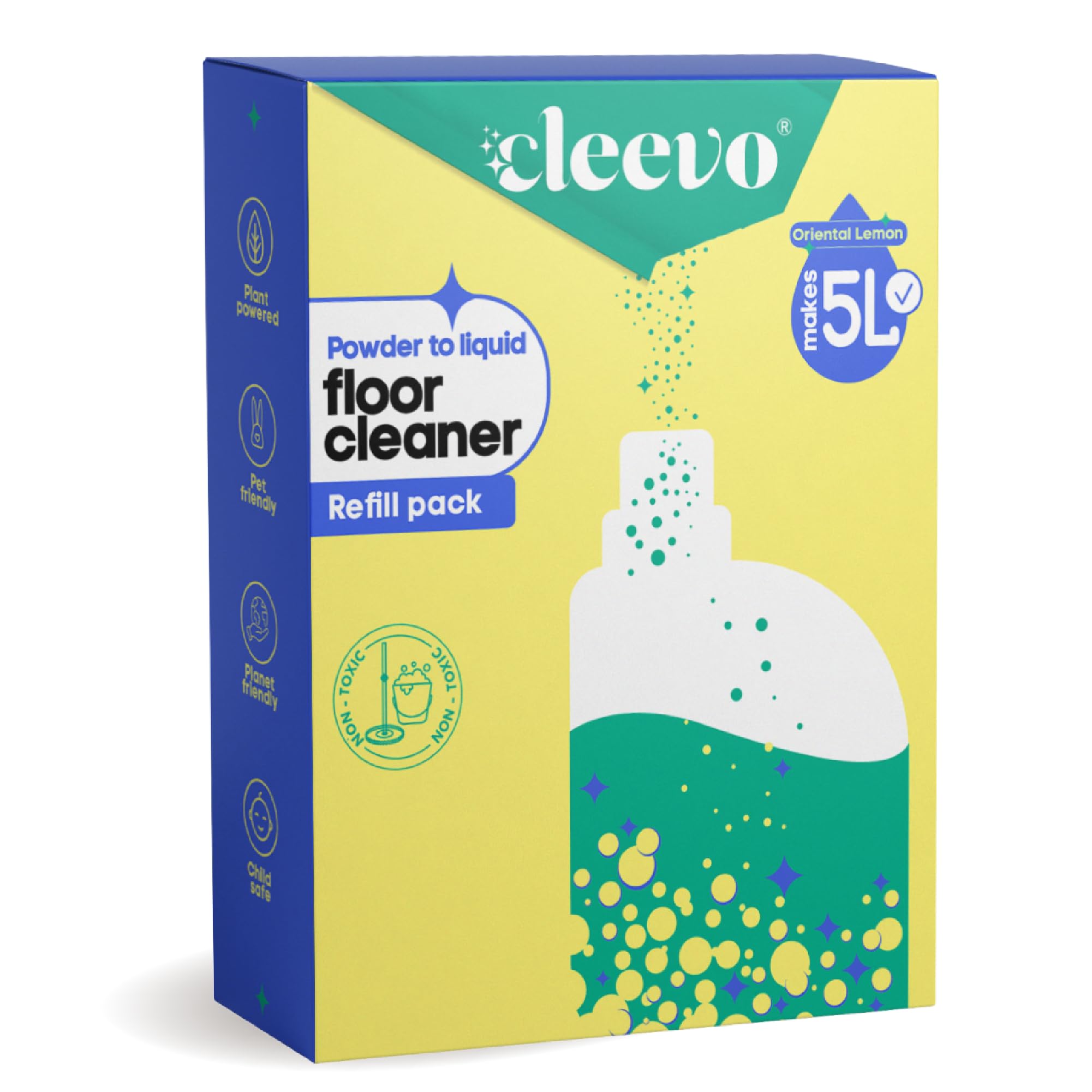 Cleevo Floor Cleaner Liquid (5L Refill Pack) | 1 Pouch = 1L Natural Disinfectant Floor Cleaners for Mops | Chlorine-Free Surface Cleaner, Eco-Friendly All-Purpose Floor Cleaning Liquid (Zesty Lemon)