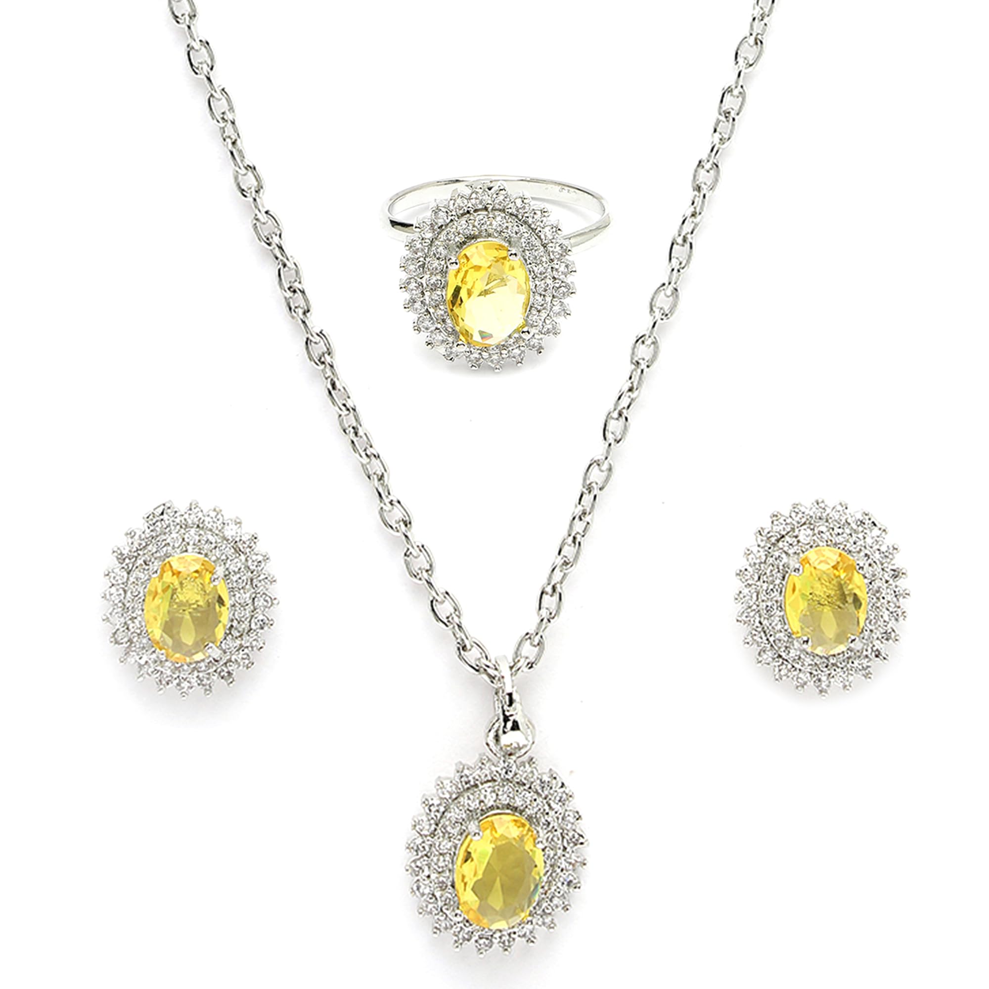 ZENEMESilver Plated Luxury American Diamond Ova Halo Crystal Pendant Ring & Earrings Combo Jewellery Set For Women | Pendant Gift for Rakhi Jewelry