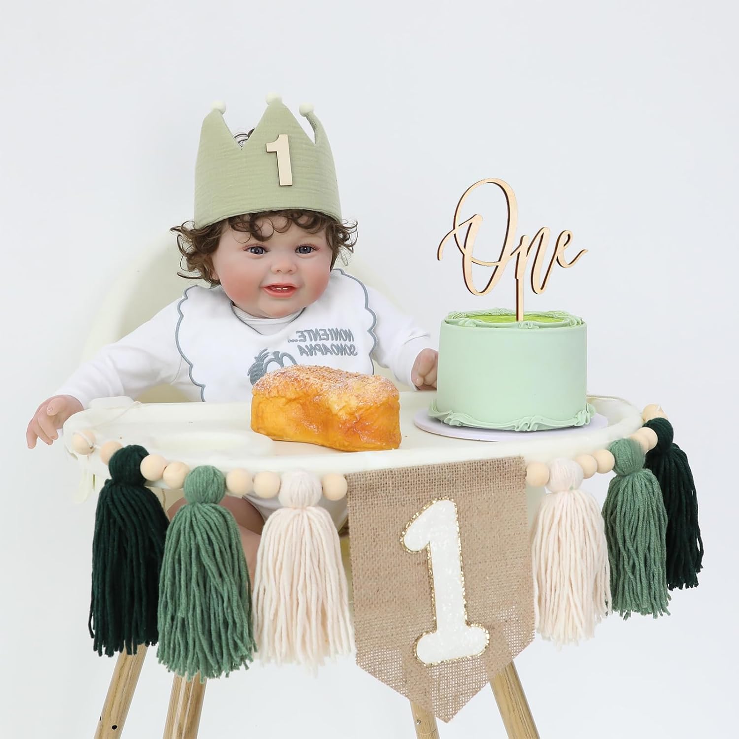 1st Green High chair Banner Wood Bead Tassel Garland Crown Hat Wooden Cake Topper Birthday Party Decorations - Image 6