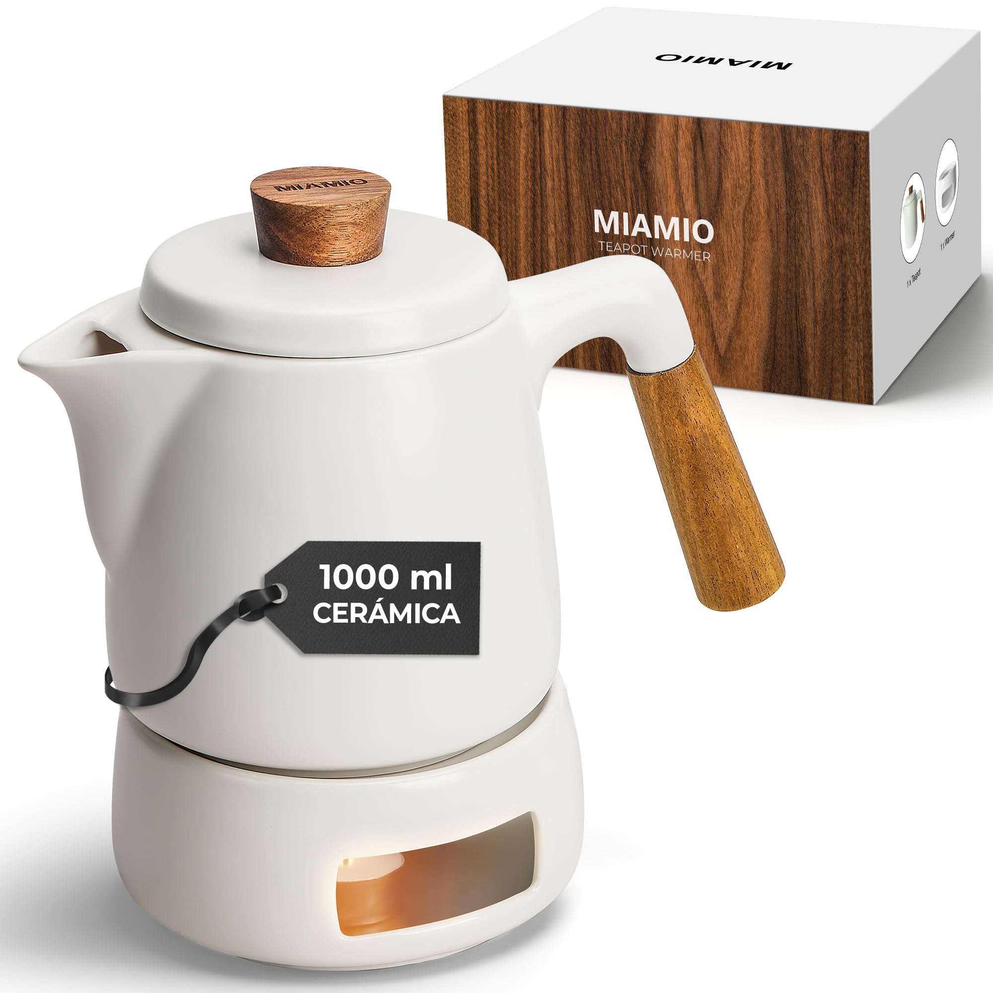 MIAMIO - Juego de tetera con calentador / 1L / 1000 ml Tetera con infusor para preparar té de hojas sueltas - Regalo para mujeres/amantes del té (Blanco)