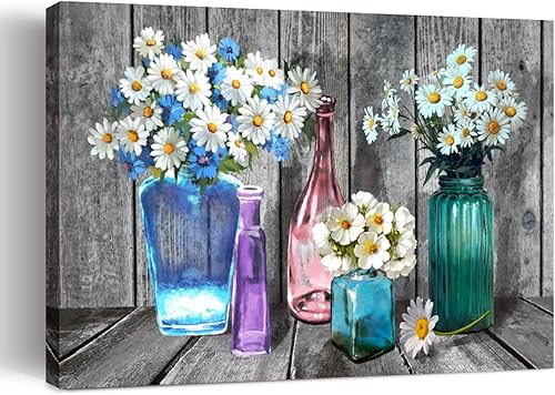 Decoración de pared de baño, florero de margarita blanca, pintura floral retro, lienzo vintage para decoración de cocina y hogar