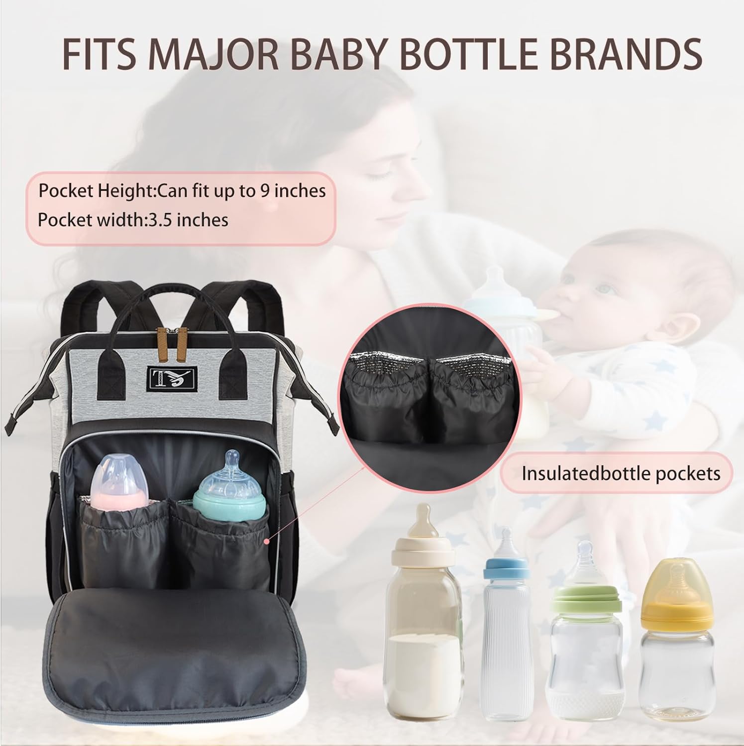 Diaper Bag Backpack, Baby Girls Boys for Diaper Bags with Changing Pad, Baby Bags for Moms Dads with Insulated Pockets, Multi-functional Waterproof Backpack with Stroller straps Black - Image 3