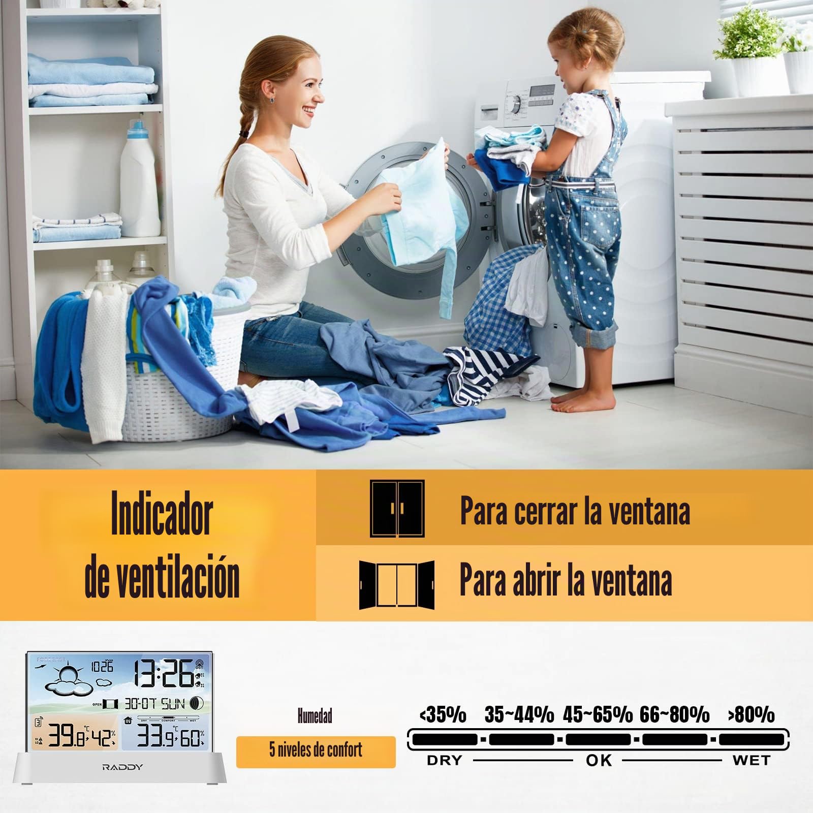 Raddy DT6 Estación meteorológica para interiores y exteriores, reloj de radio DCF, termómetro higrómetro para, estación meteorológica para el hogar con pronóstico del tiempo y barómetro