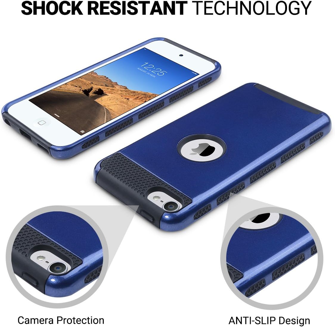 ULAK iPod Touch 7 Case, iPod Touch 6 Case, Slim Fit Dual Layer Hard PC Back+TPU Shockproof Interior Protective Case Cover for Apple iPod Touch 5th/6th/7th Generation, Navy Blue/Black