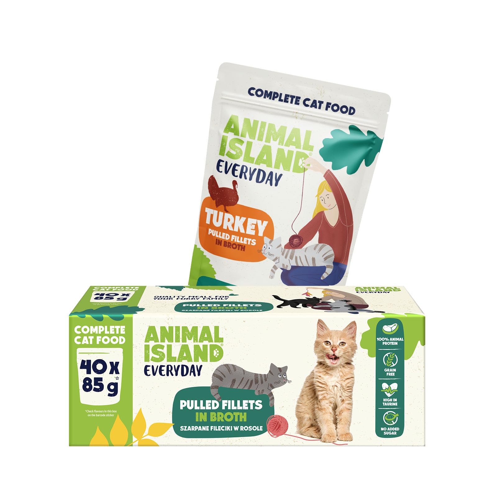 Animal Island Everyday Alimento Húmedo para Gatos con Pavo Tiras Tiernas en Caldo Sabroso Alimento Completo en Sobres para Gatos Adultos, 40 x 85g