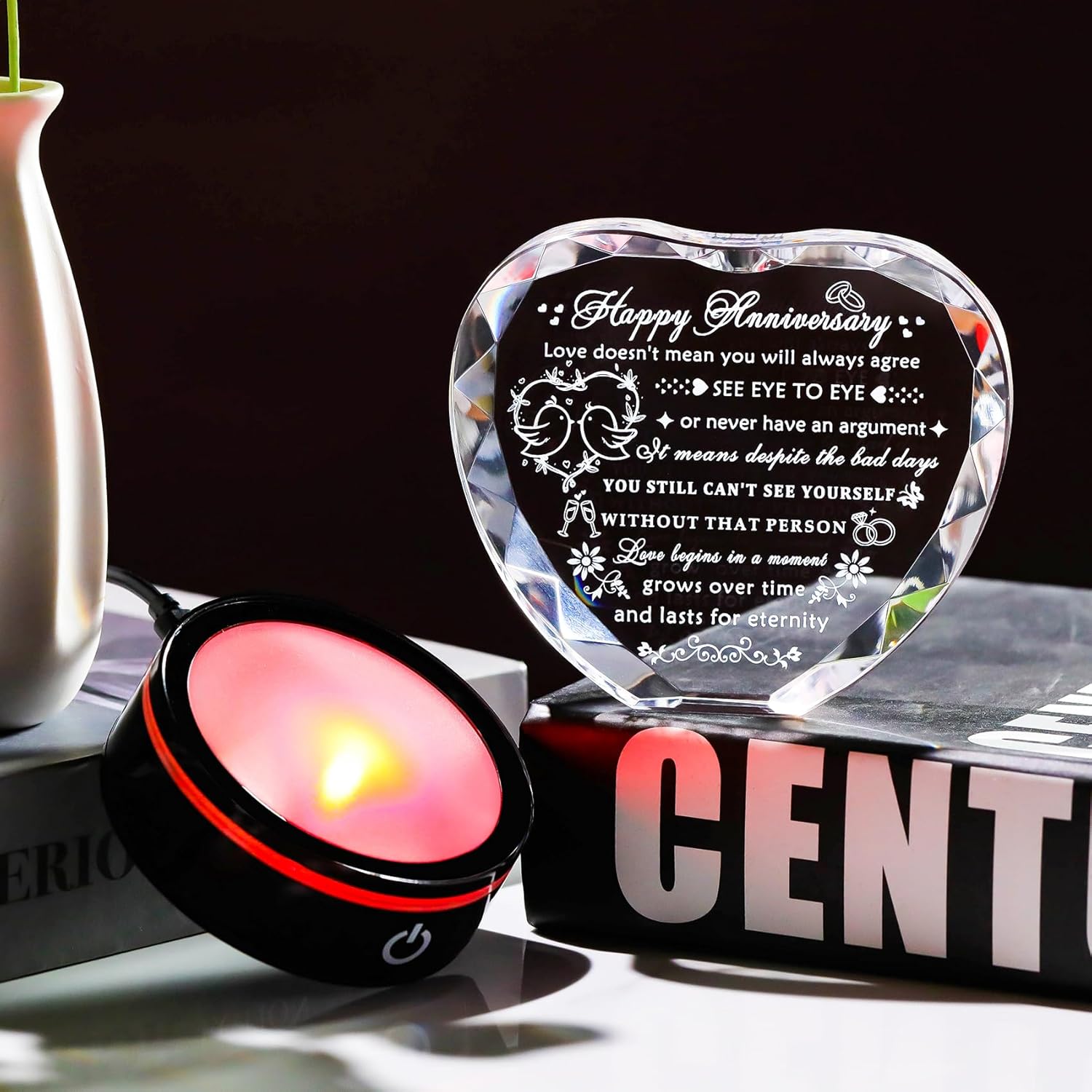 YWHL Wedding Anniversary Crystal Heart Gifts for Couple Parents, Happy Anniversary Marriage Gifts for Wife Husband Him Her Men Women with LED Base Romantic Presents for Girlfriend Boyfriend - Image 4