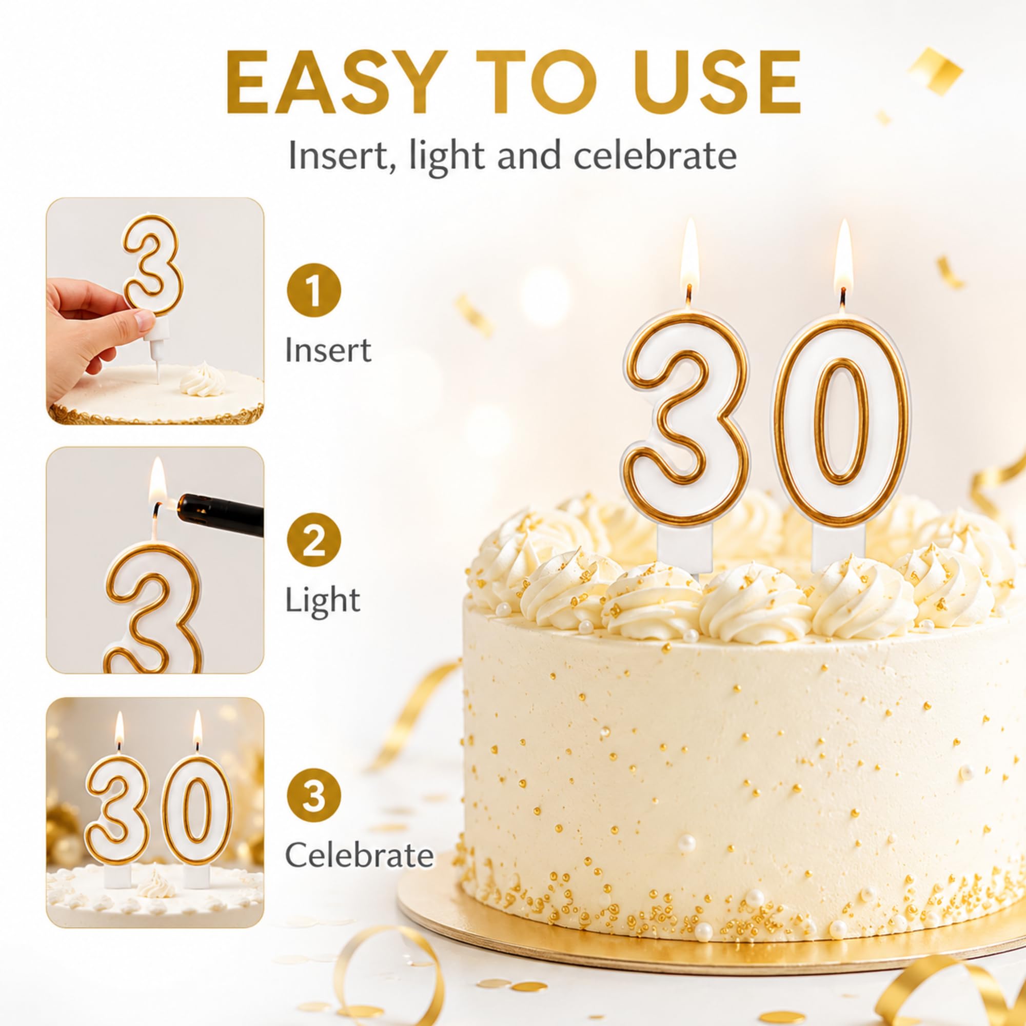 10 Stücke Kuchen Nummer Kerzen Geburtstag Ziffer Kerzen Zahlen 0-9 Weiße Kerzen mit Goldenen Kanten Kuchen Topper Kerze Dekoration für Hochzeit Geburtstag Party Zubehör
