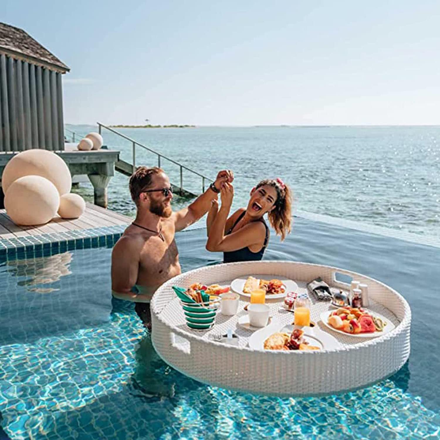 MRKU Bandeja Flotante de ratán Tejido, Bandeja Flotante Redonda de ratán para Agua, Bandeja Flotante de ratán, Bandeja Flotante de Lujo para Mesa de Bar, para Servir Bebidas en la Piscina o Brunch.