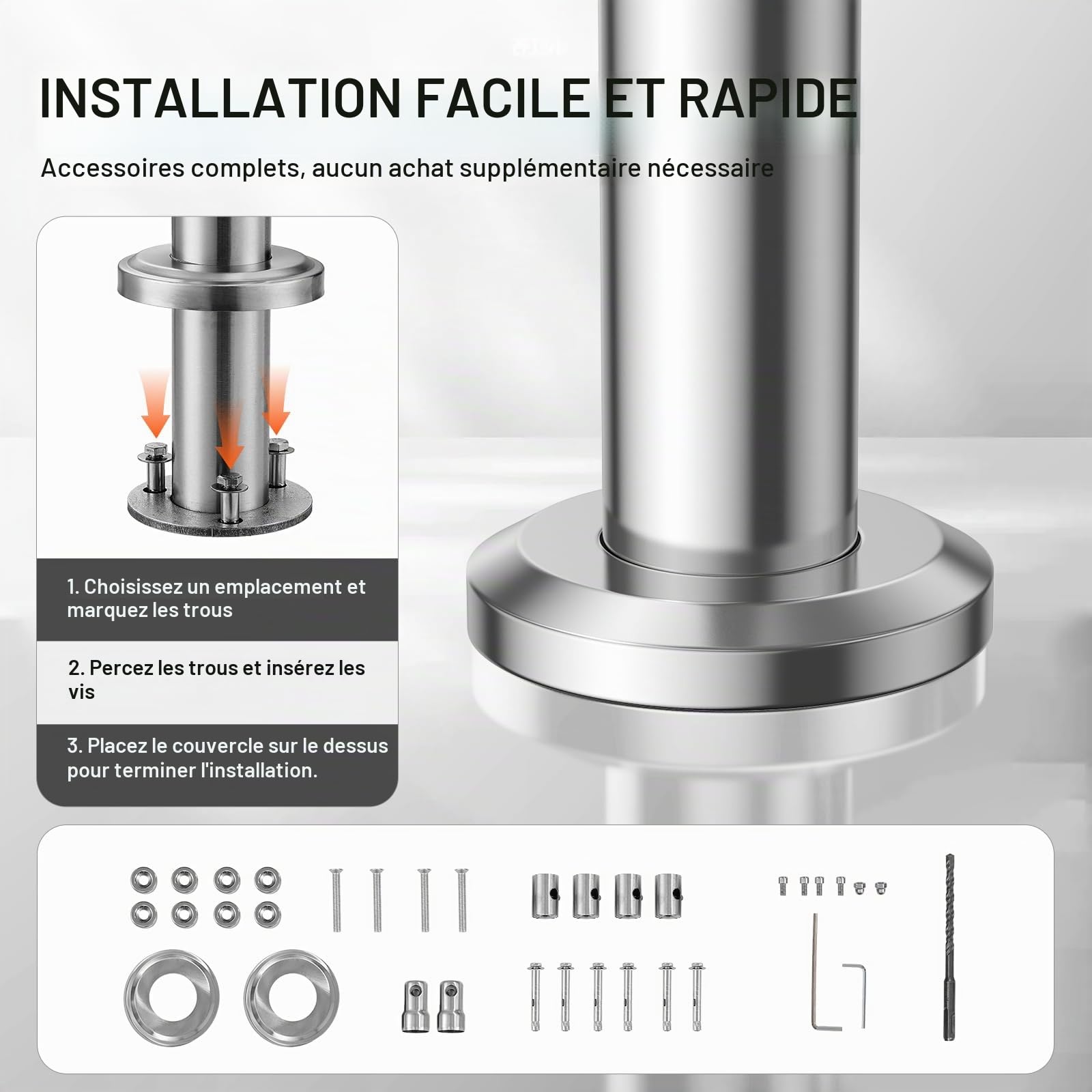 VEVOR Rampe d'Escalier, 120 cm, Main Courante Escalier pour Marches Extérieur Acier Inox, 2 Barres Transversales, Kit d'Installation, Garde Corps Double Colonne pour Personnes Âgées, Porche, Terrasse