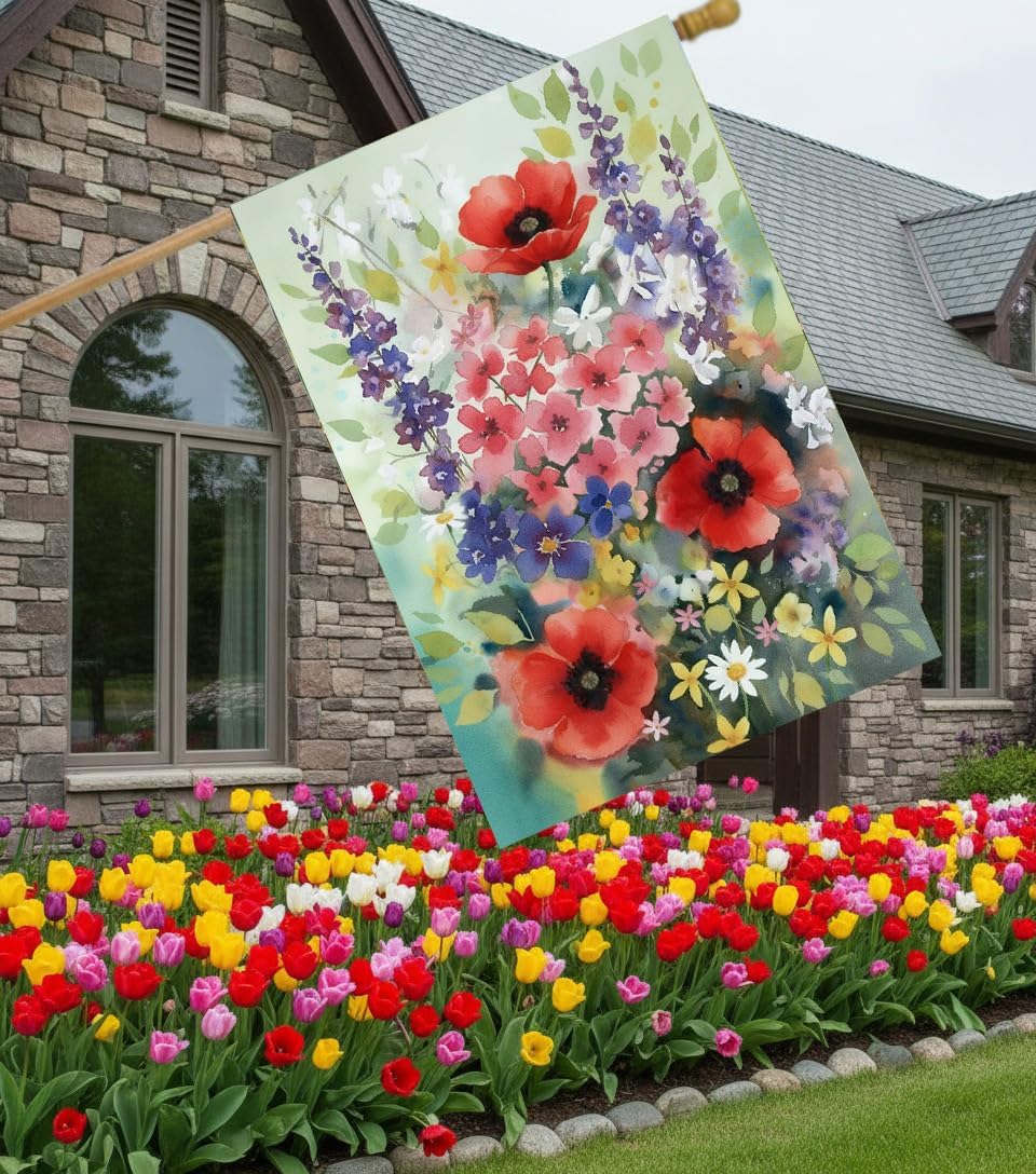 Watercolor Painting of Beautiful Summer Spring Floral Flowers Poppy Daisy House Flag 28 x 40 Inch, Double Sided Large Garden Yard Welcome Flags Banners for Home Lawn Patio Outdoor Decor