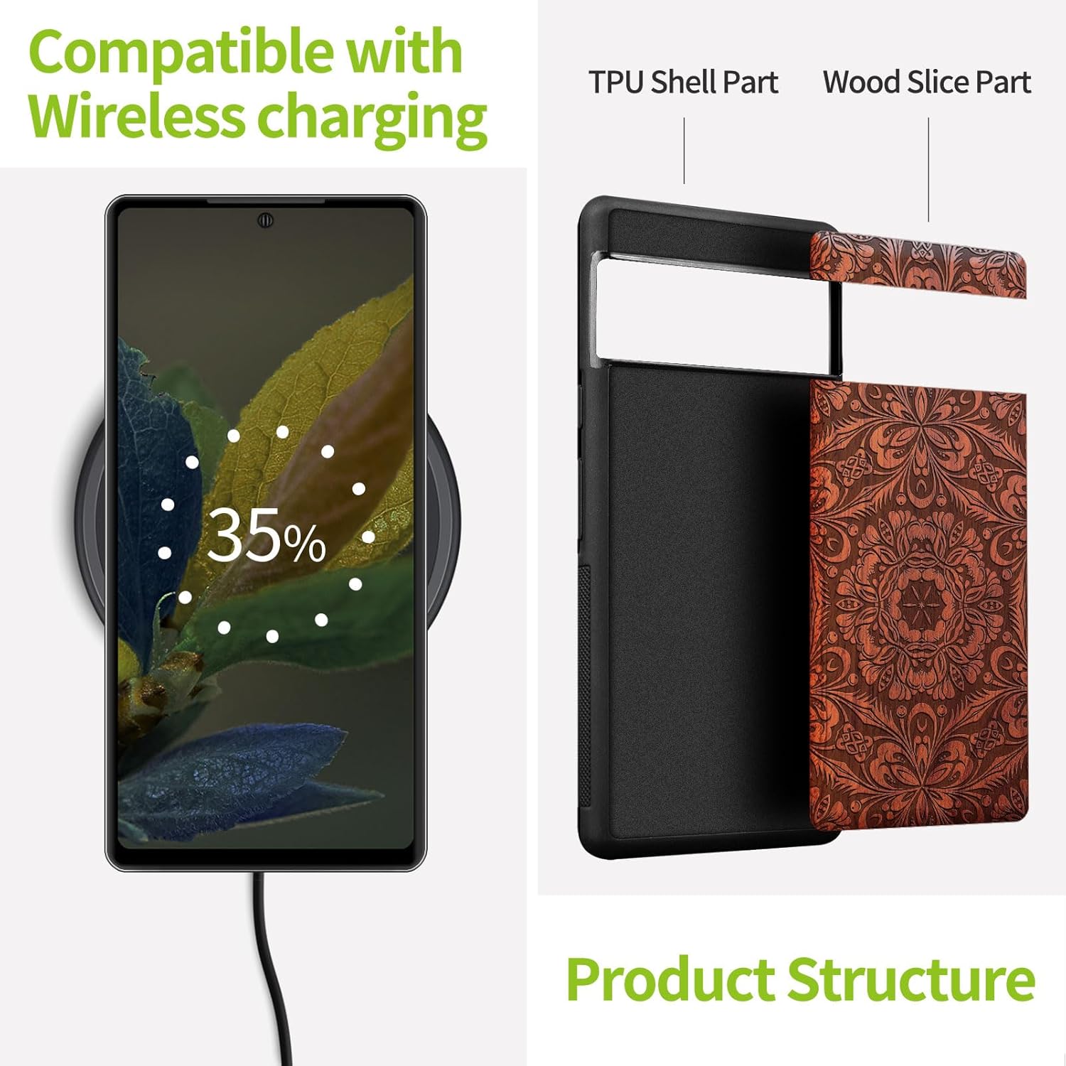 Carveit Wood Case for Pixel 8 Case [Natural Wood & Black Soft TPU] Shockproof Protective Unique Wooden Cover Compatible with Google Pixel 8 (Baroque Blossom-Rosy)