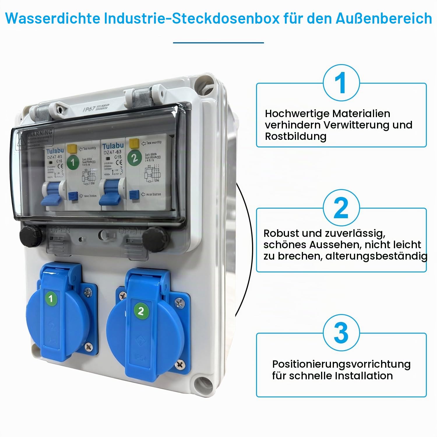 Stromverteiler 16A, 2-fach 230V mit FI-Schalter, IP54