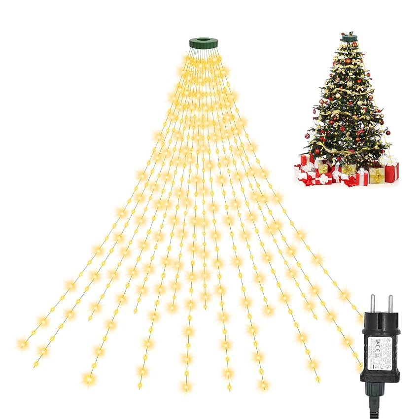 AGOTD Luci Albero di Natale 2,5 m, 16 Ghirlande 400 LED, Mantello 8 Modalità, Cascata per Interno Esterno, Bianco Caldo