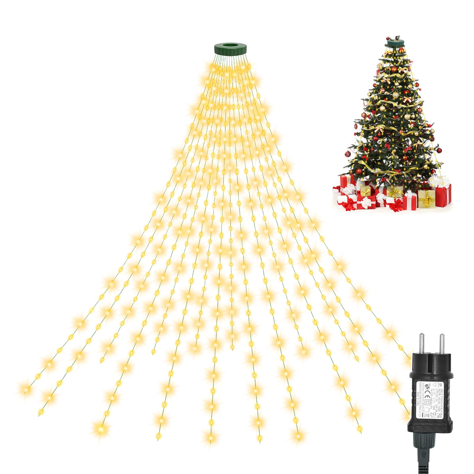 AGOTD Christmas Tree Lights, 2.5 m, 16 Garlands 400 LEDs, Cloak 8 Modes, Waterfall for Indoor Outdoor, Warm White