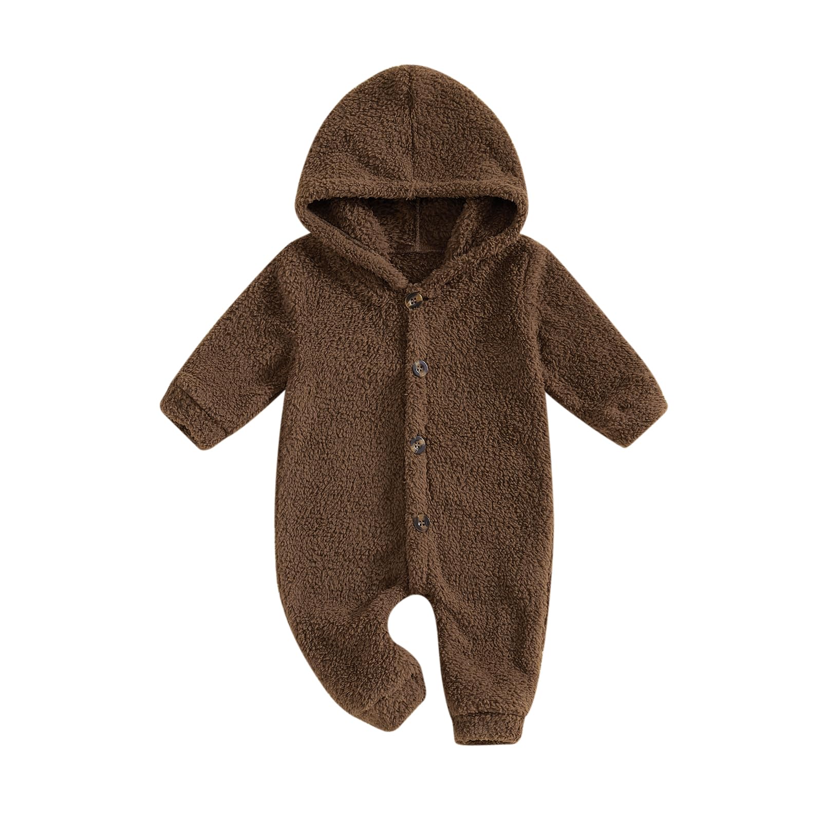 Newborn Baby Girl Boy Fleece Hooded Snowsuit Jumpsuit Button Long Sleeve One Piece Romper Outwear Baby Winter Outfits (Brown, 6-9 Months)