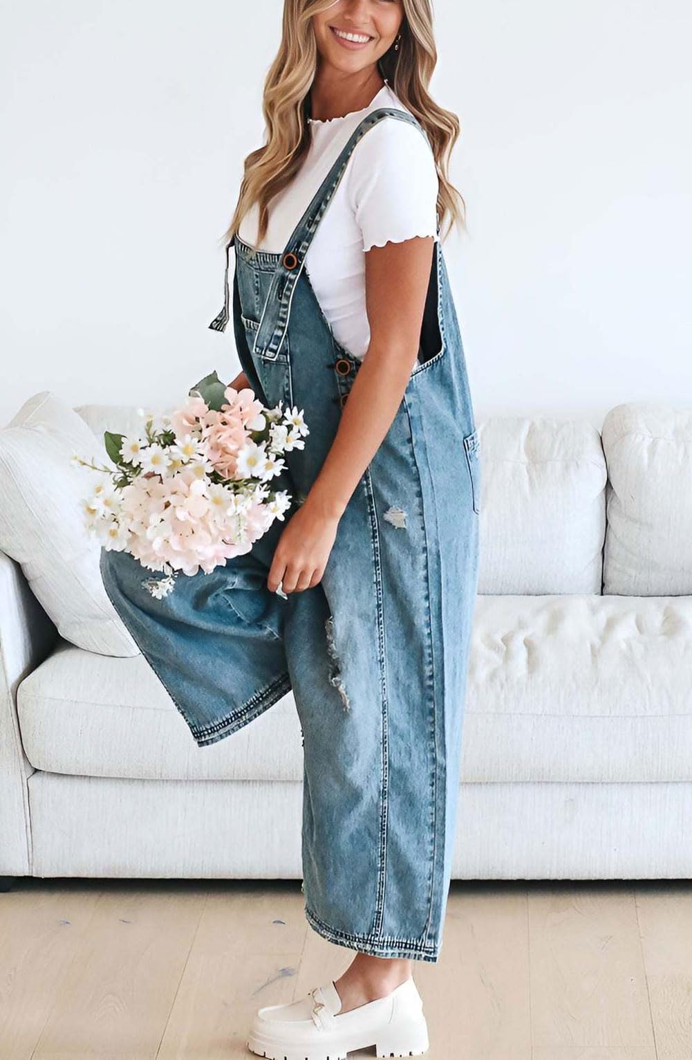 chouyatou Tuta da donna con bretelle regolabili in denim con bretelle larghe e effetto invecchiato