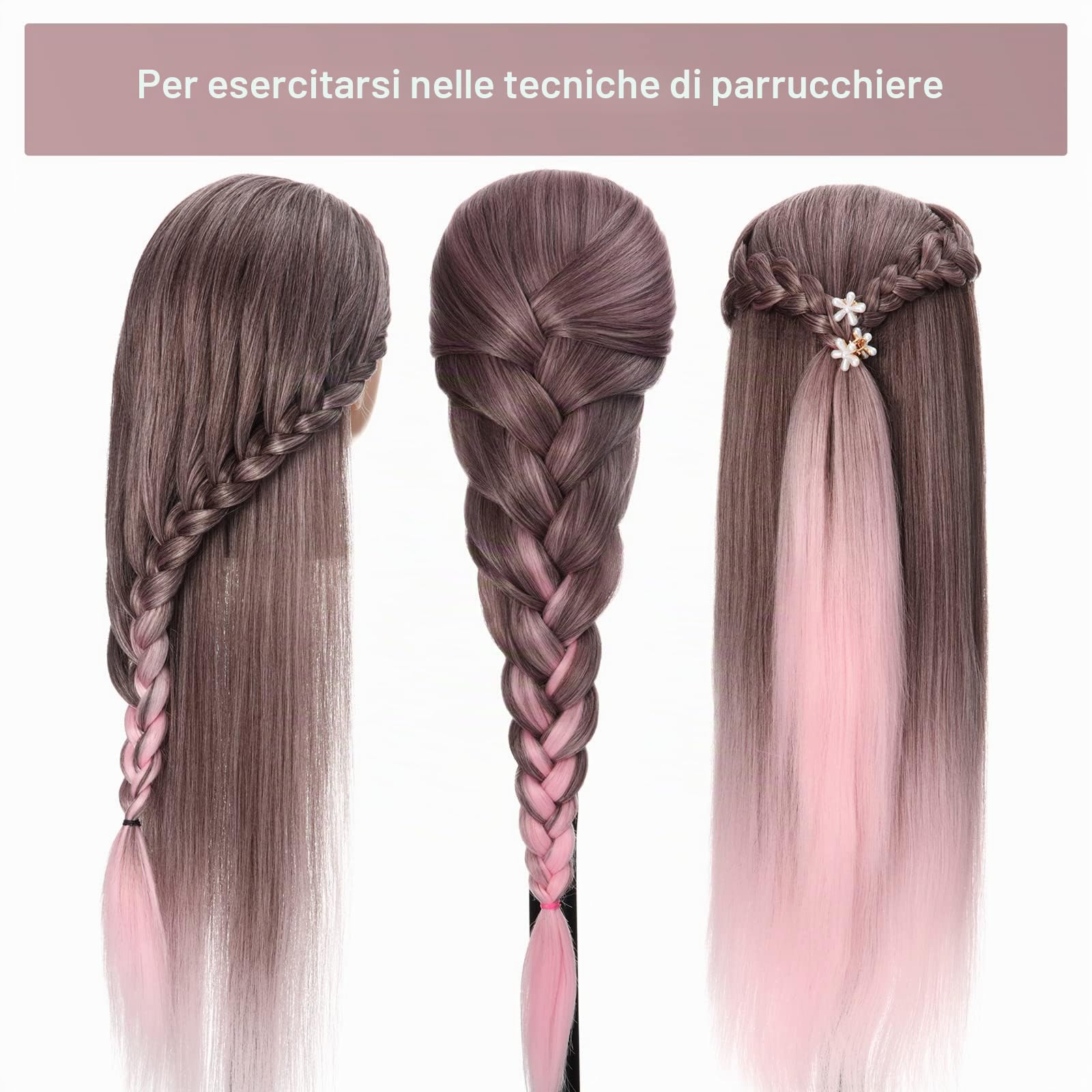 GUANJUNE Testa di Formazione per Parrucchieri Parrucchiere,Testa di Manichino,Testa di Bambola di Cosmetologia in Fibra Sintetica al 100% da 26-28 Pollici,Regali per Ragazze (Rosa Sfumato)